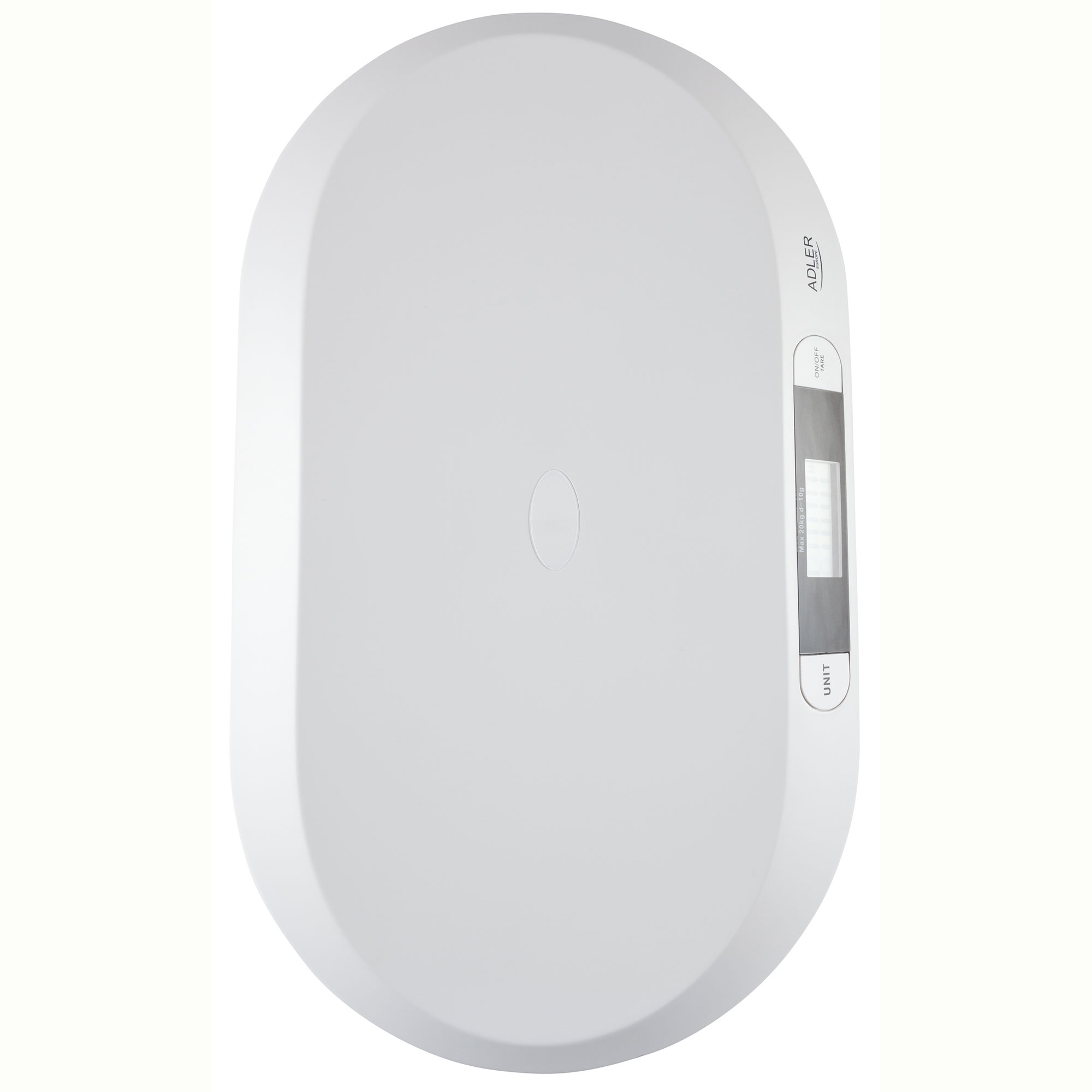 Una báscula para bebés blanca, de forma ovalada con pantalla digital y nombre de marca.