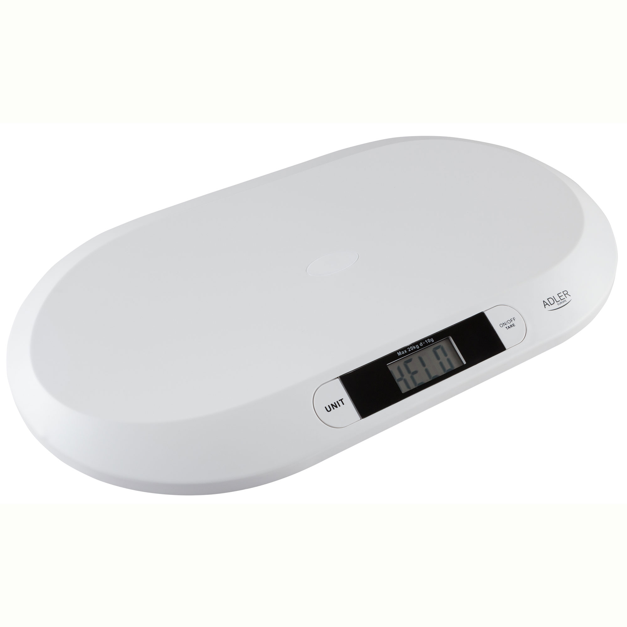 Báscula para bebés blanca con pantalla digital mostrando números, botones de unidad y encendido/apagado.