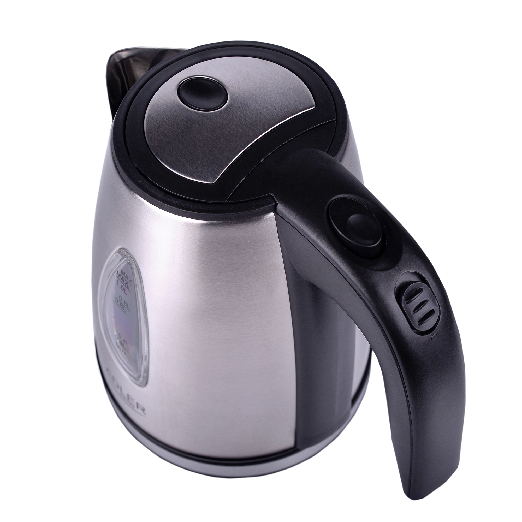 Srebrny i czarny czajnik elektryczny, widok z góry.