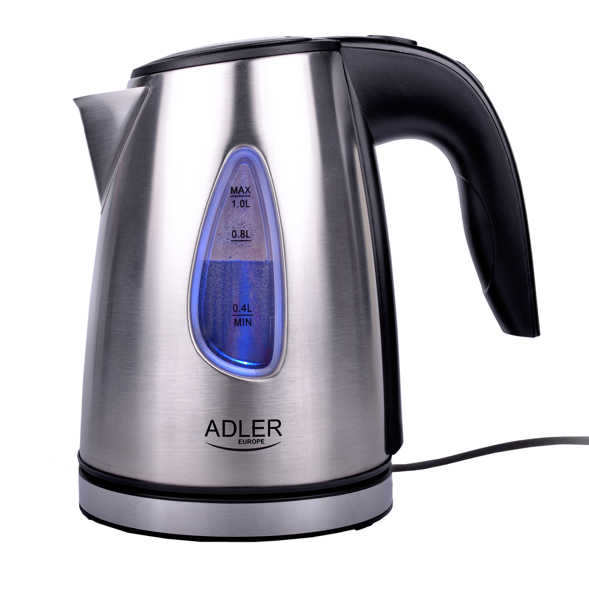 Czajnik elektryczny ze stali nierdzewnej z niebieskim wskaźnikiem poziomu wody, czarnym uchwytem i podstawą.