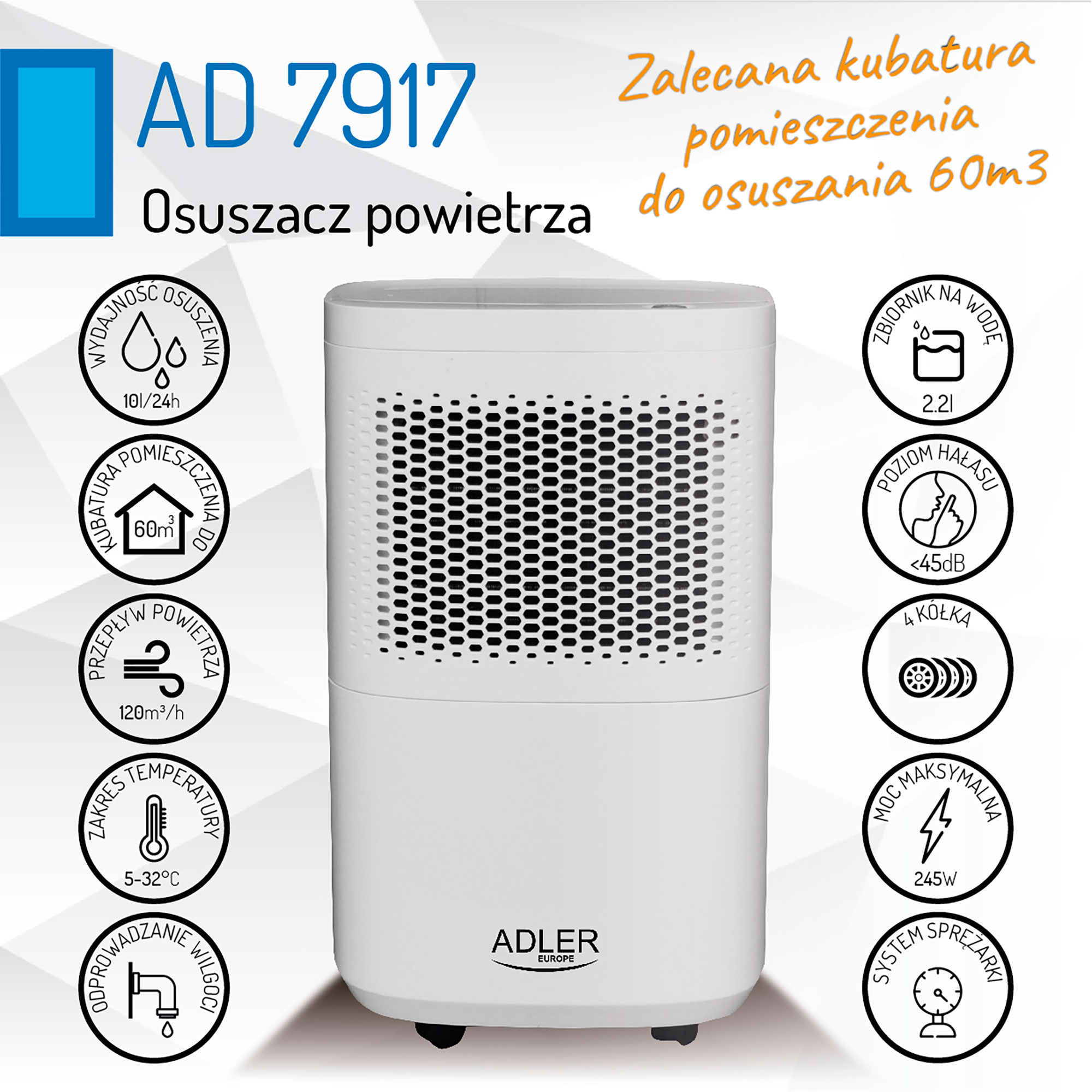 Deumidificatore d'aria bianco con display digitale, con testo in polacco. Ci sono molte icone.