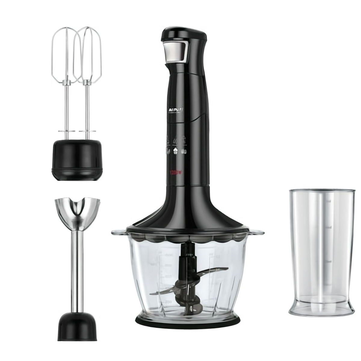 Batidora de mano - MBL-29/C, Batidora 3 en 1 Batidora de Mano, Picadora, Varillas en Acero Inox., Función Smooth Touch, MPM, 1200 W, 2 velocidades, Negro