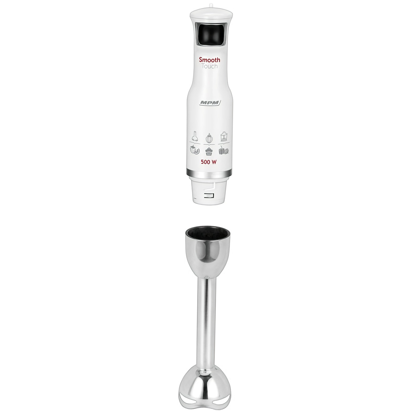 Batidora de mano blanca y plateada con cabezal de mezcla desmontable. La batidora tiene cuerpo blanco y cuchilla plateada.