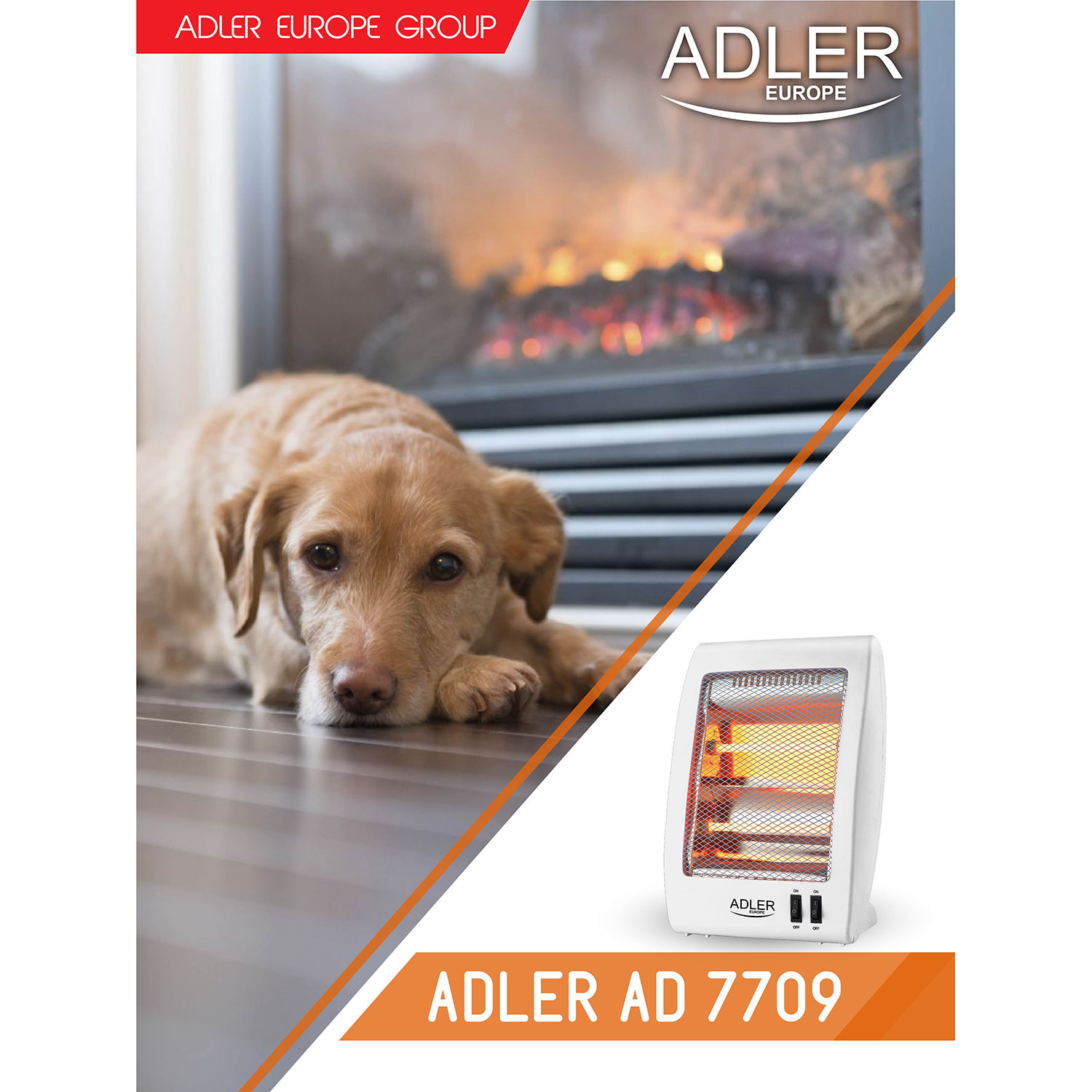 Perro acostado en el suelo, junto a un calefactor y un póster de ADLER EUROPE GROUP.