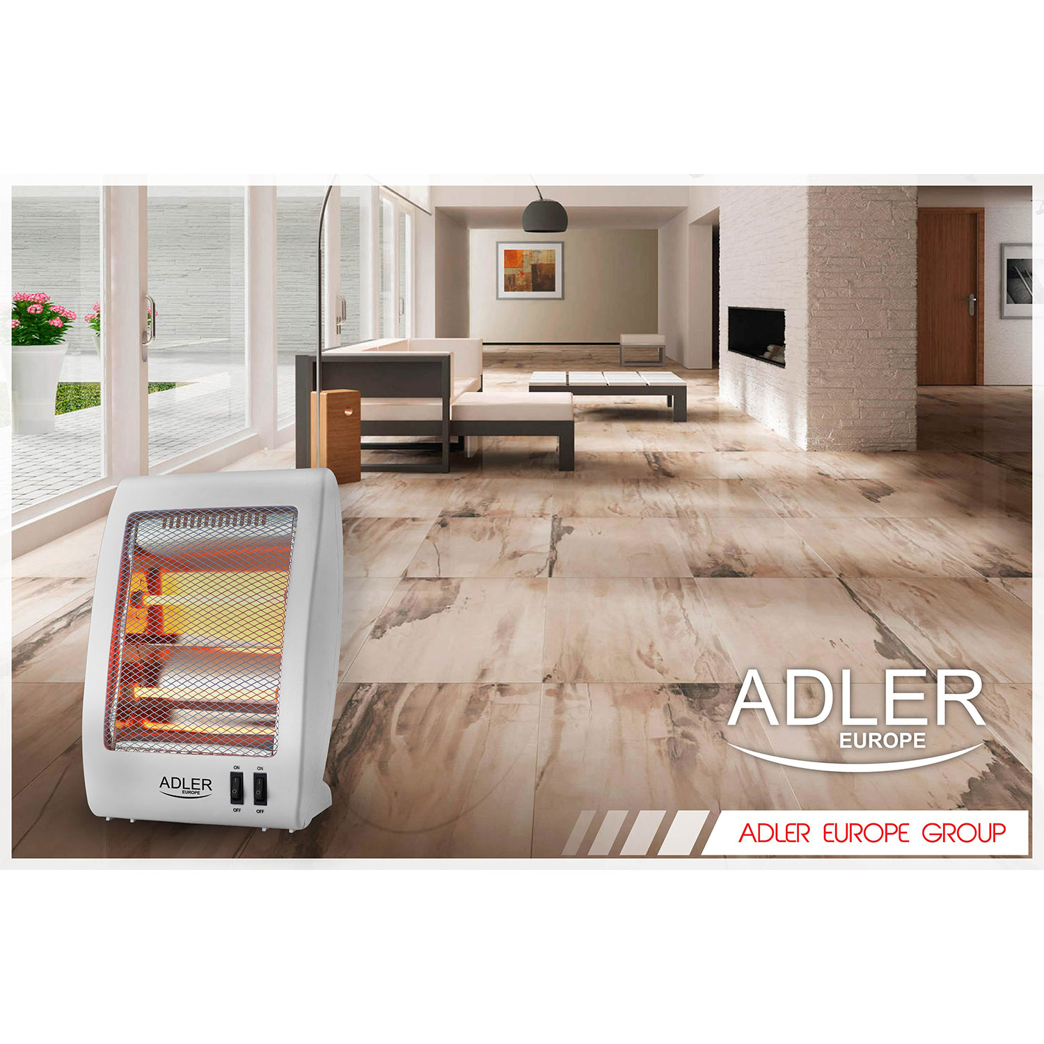 Un calefactor Adler blanco en un salón moderno con suelo de madera.