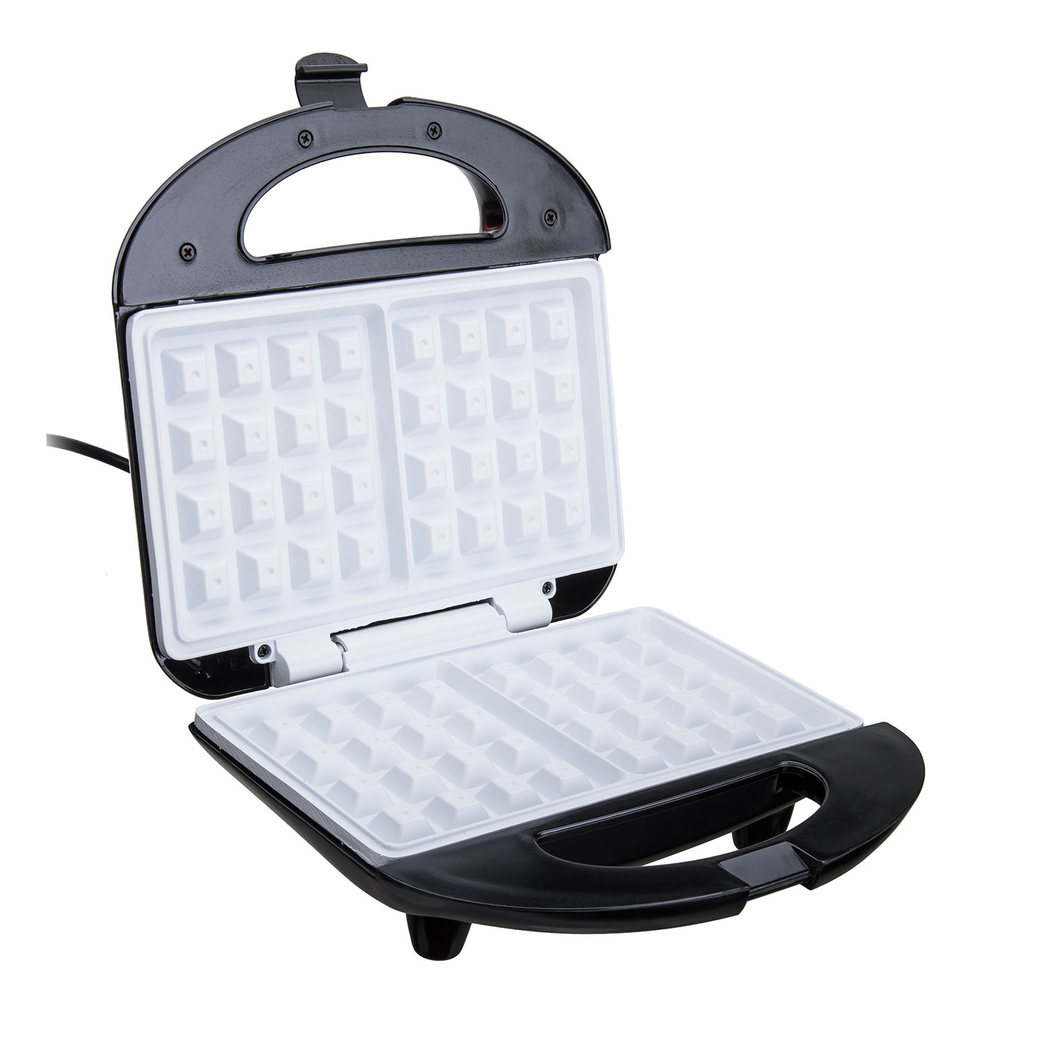 Schwarz-weißer Waffeleisen, geöffnet, zeigt die Waffelformen.