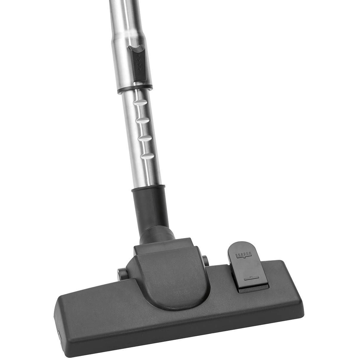 Czarna i srebrna głowica odkurzacza z przyciskiem zwalniającym.