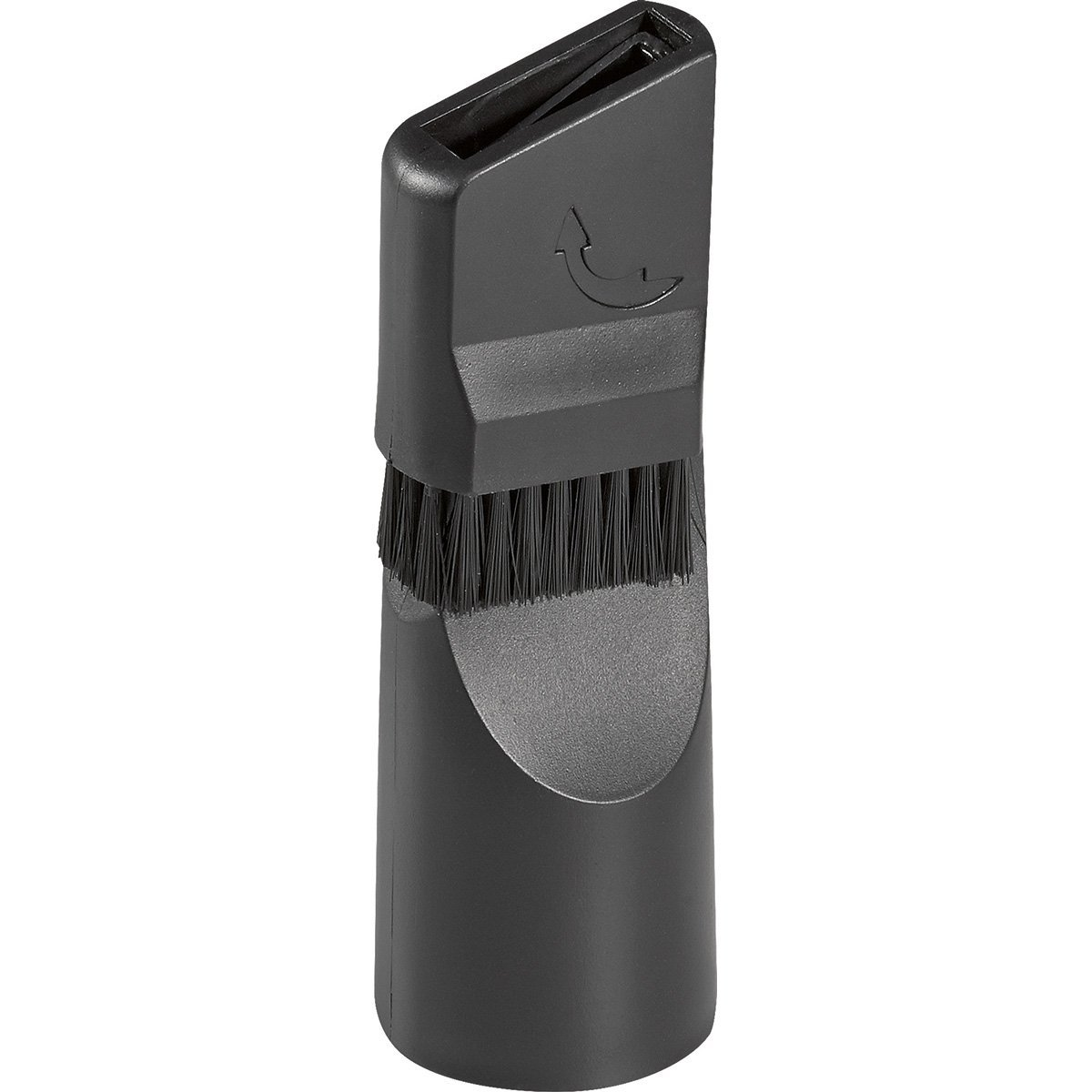 Czarny osprzęt do odkurzacza ze szczotką. Posiada kątową dyszę i strzałkę wskazującą kierunek.