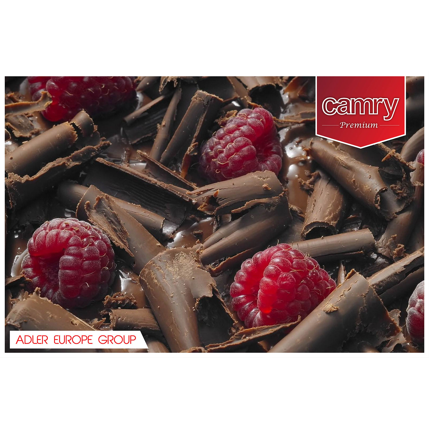 Himbeeren, bedeckt mit Schokoladenraspeln. Das Camrys-Logo ist oben rechts.