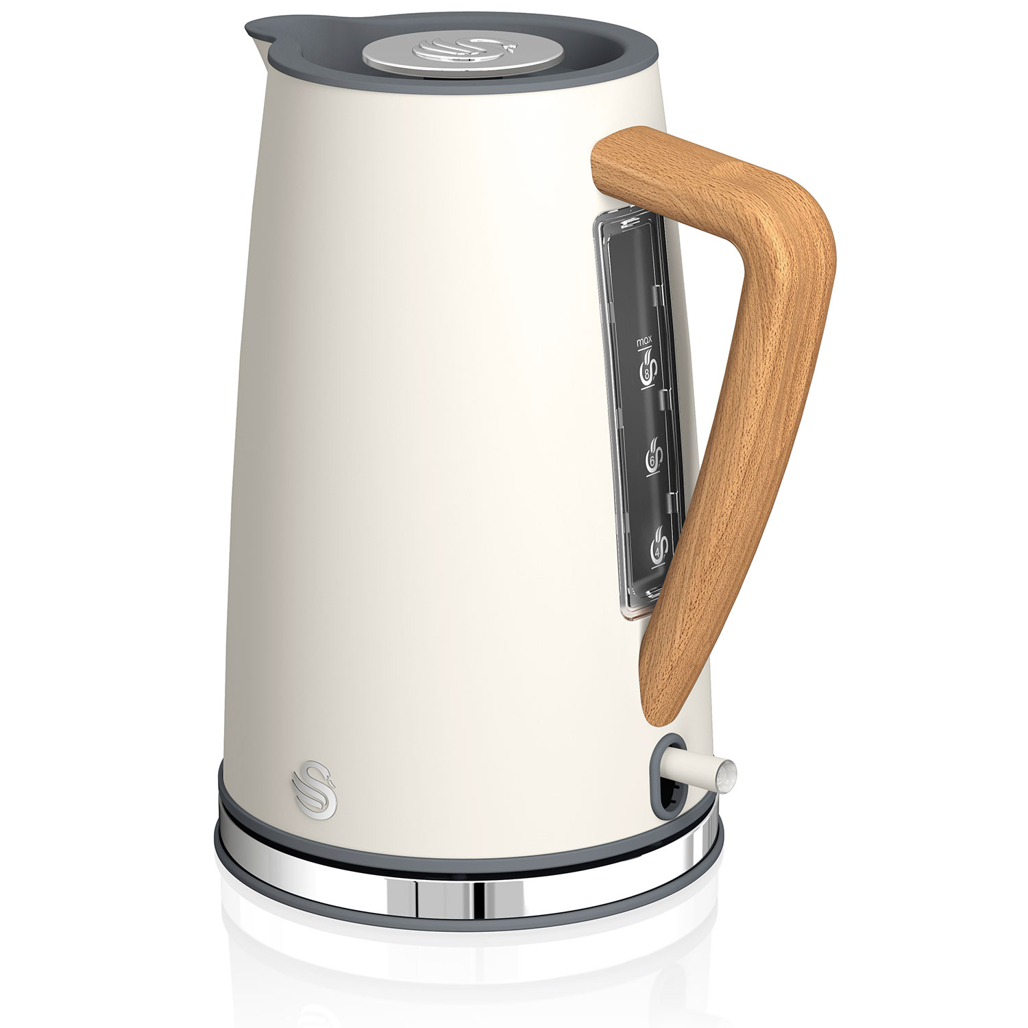 Kremowy czajnik elektryczny z drewnianym uchwytem i akcentami na białym tle.