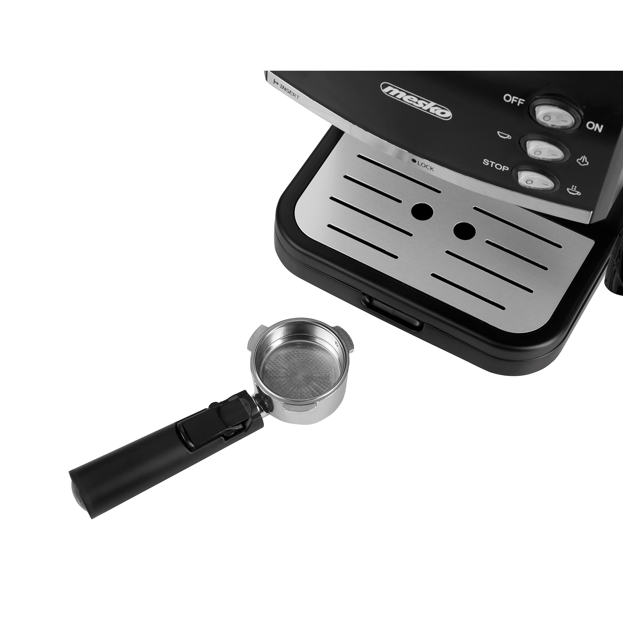 Ekspres do kawy z kolbą przed nim.