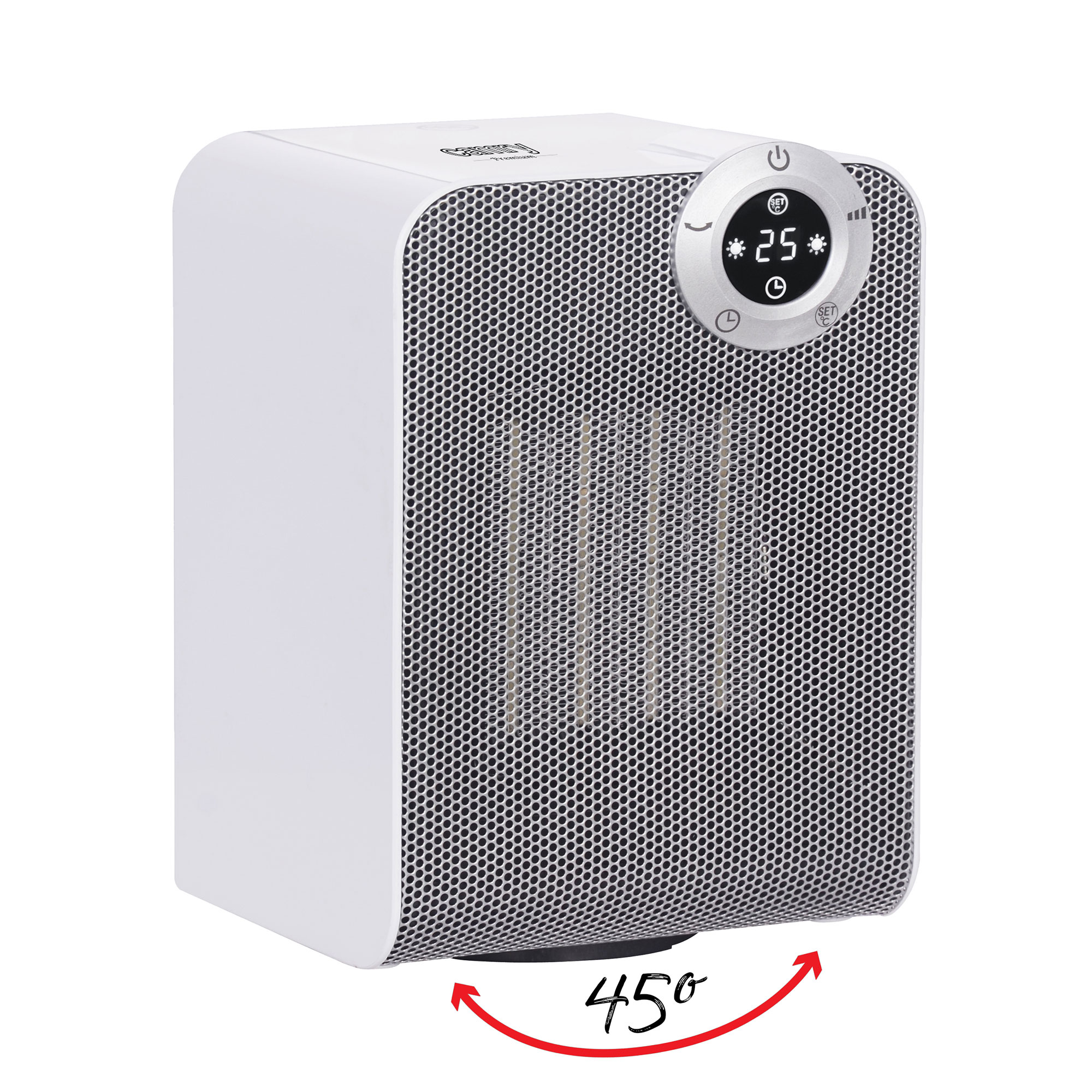 Weißer Elektroheizer mit Digitalanzeige 25. Er hat ein schwarzes Gitter und einen 45-Grad-Pfeil.