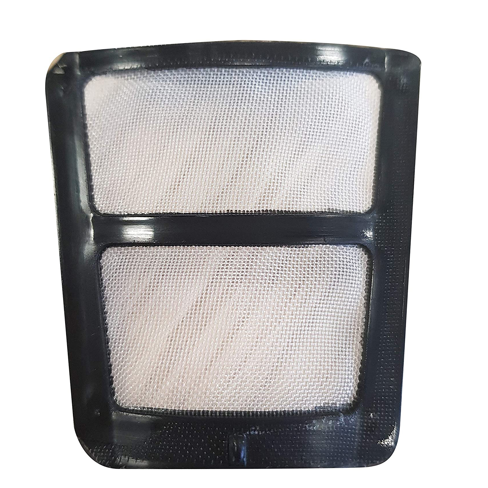 Un filtro de café negro cuadrado con una malla blanca en el interior.