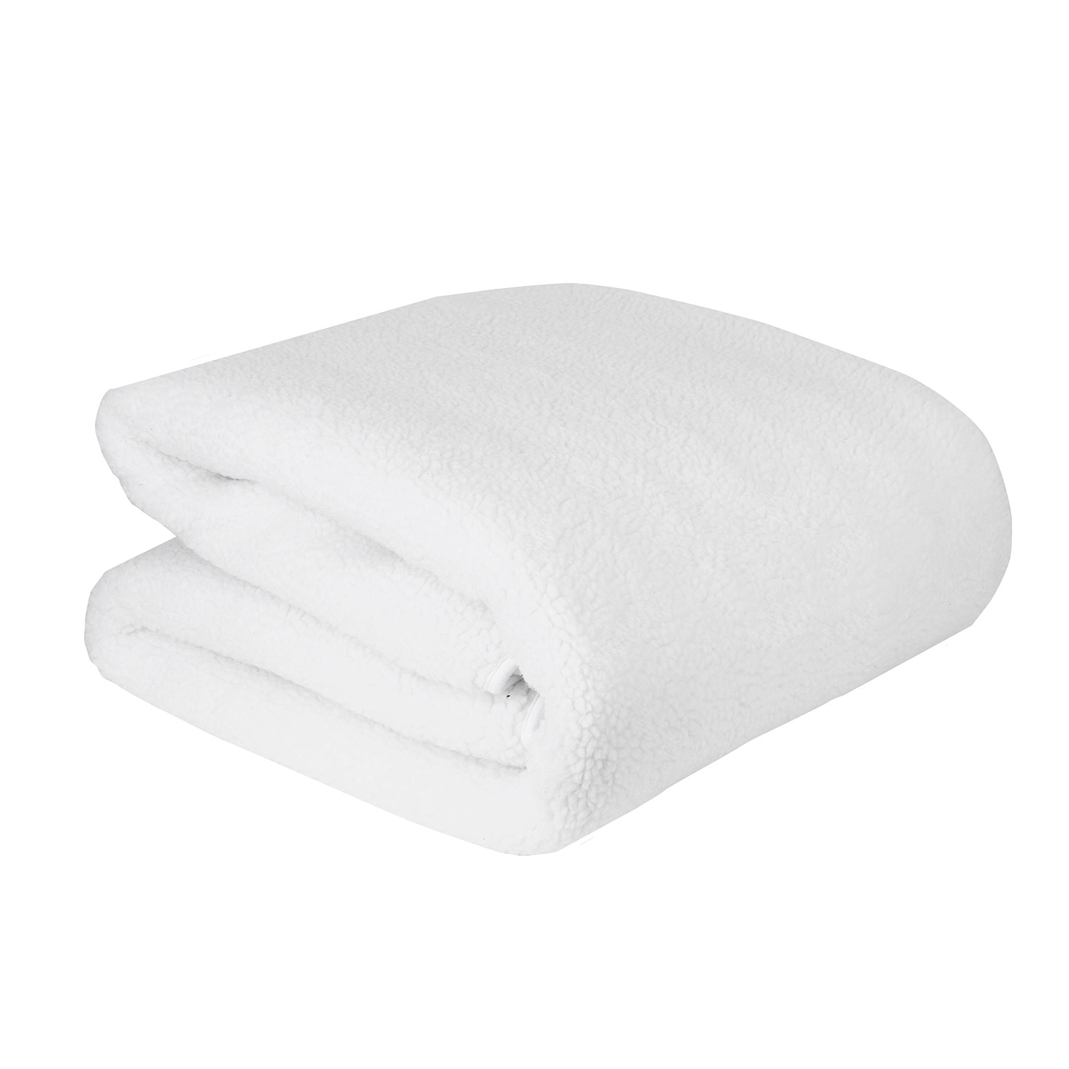 Folded white fleece blanket on a white surface. The edges are rounded.