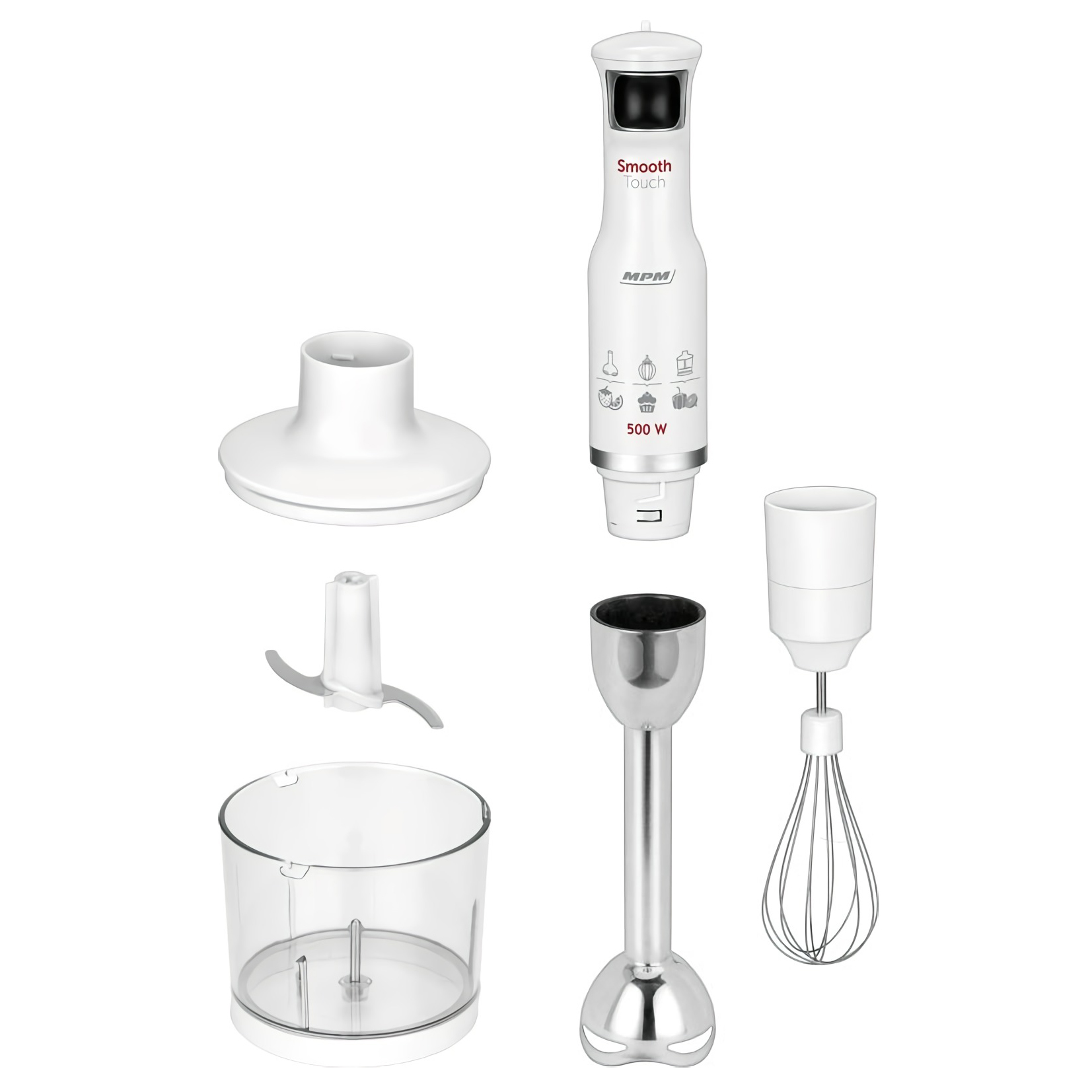 Weißer Stabmixer mit Aufsätzen: Klinge, Schneebesen und Behälter.