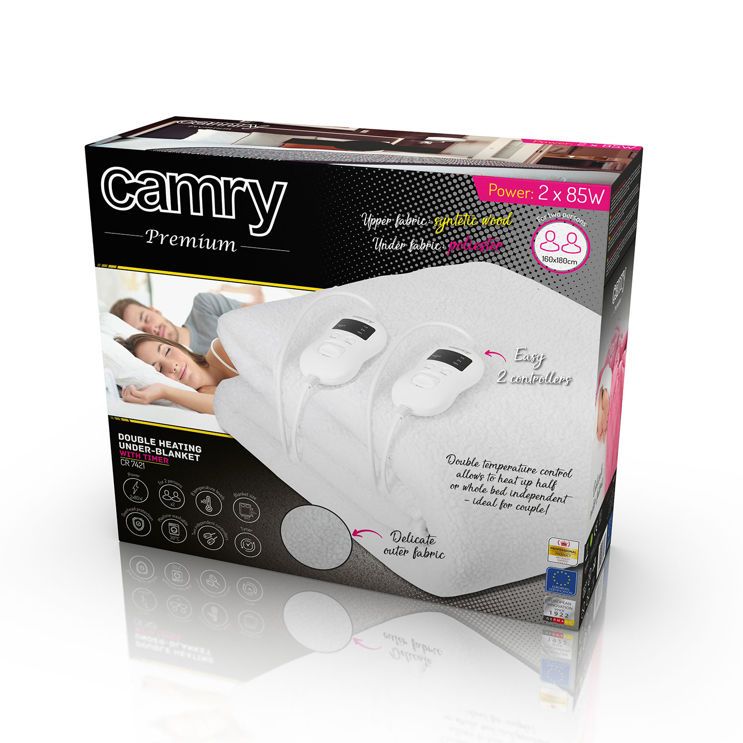 Boxed electric heated blanket with a couple. Text in English and German.