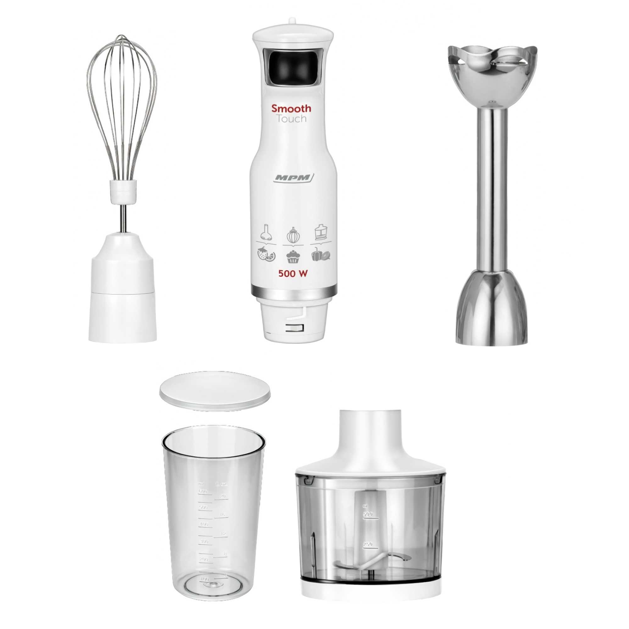 Ein weißer Stabmixer mit Aufsätzen: Schneebesen, Mixstab, Behälter und Zerkleinerer.
