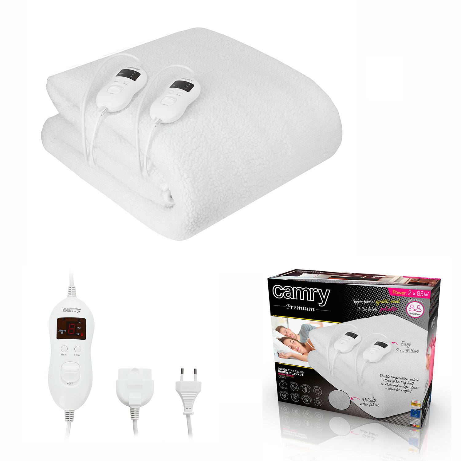 White heating blanket with two controllers, a power plug, and a box with a couple on it.