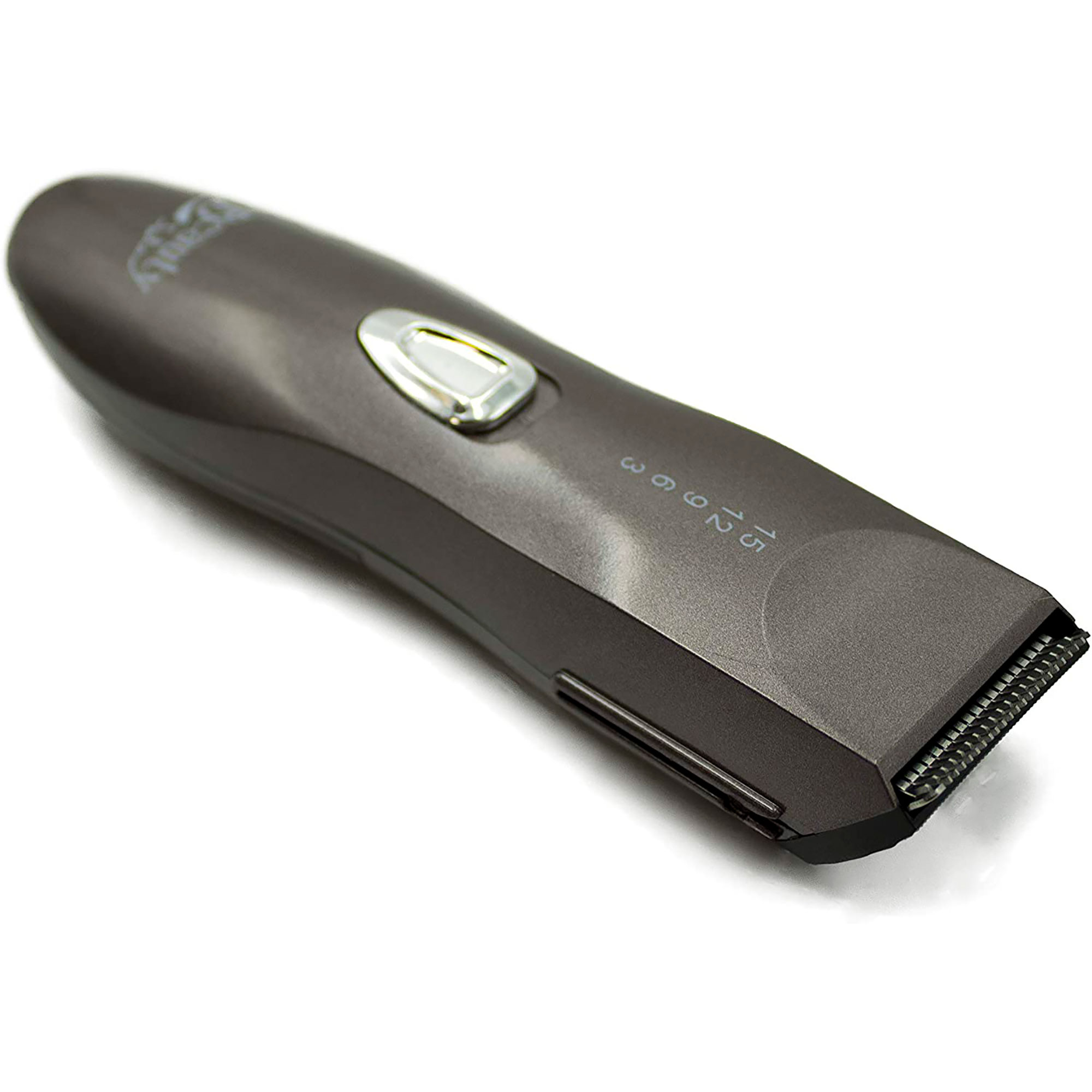 Cortapelos gris con cuchilla, números en el lateral.