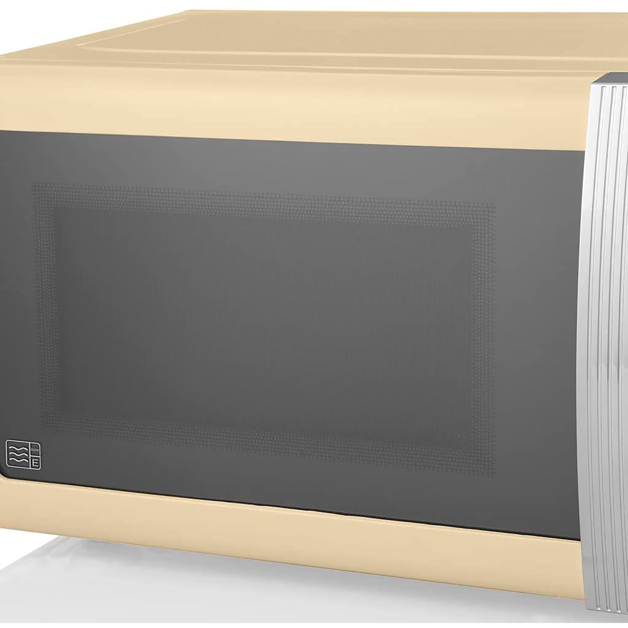 Un horno microondas beige con una puerta gris oscuro y un asa plateada. El horno está sobre una superficie blanca.