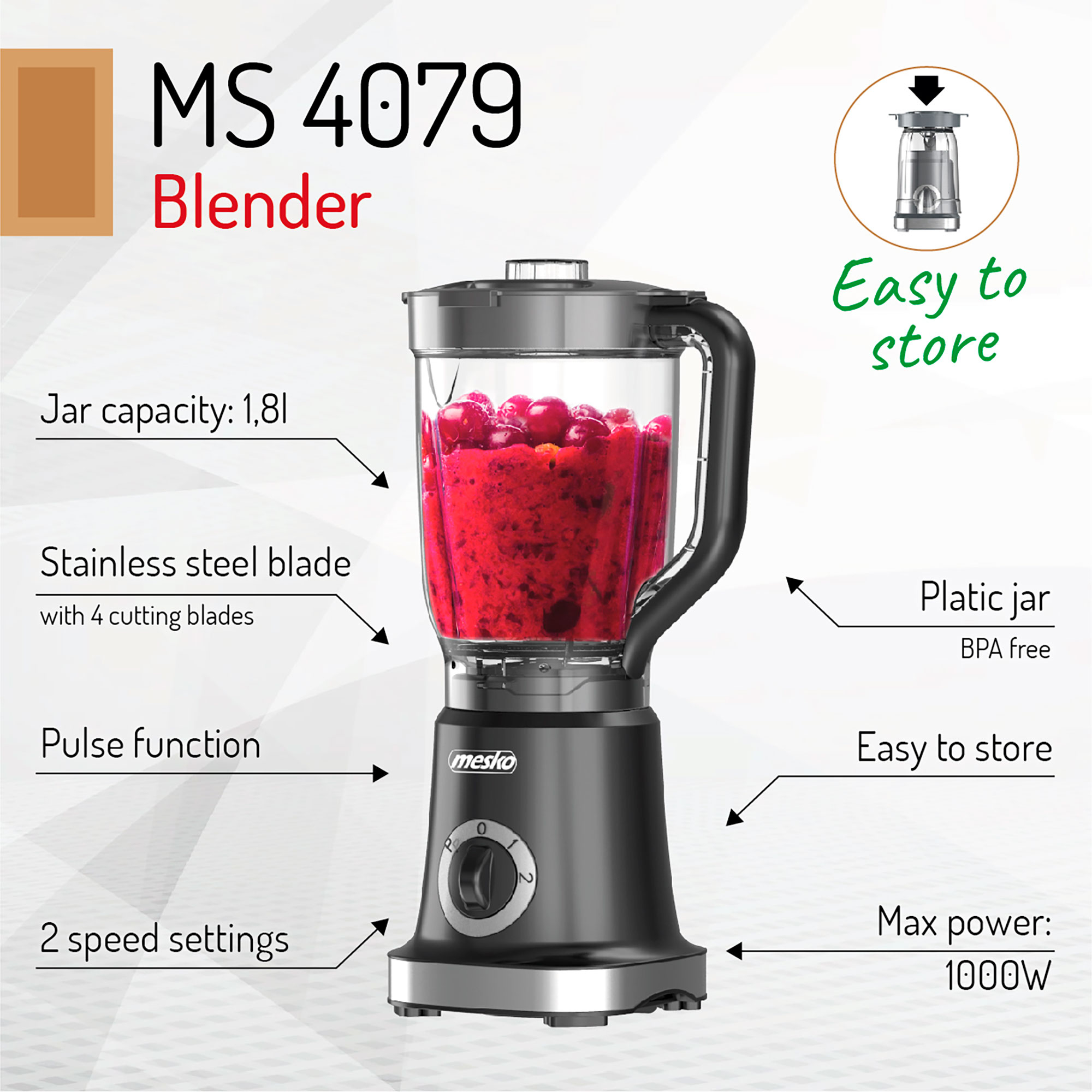 Czarny i srebrny blender z czerwoną zawartością w środku, z etykietami tekstowymi i pojemnością dzbanka.