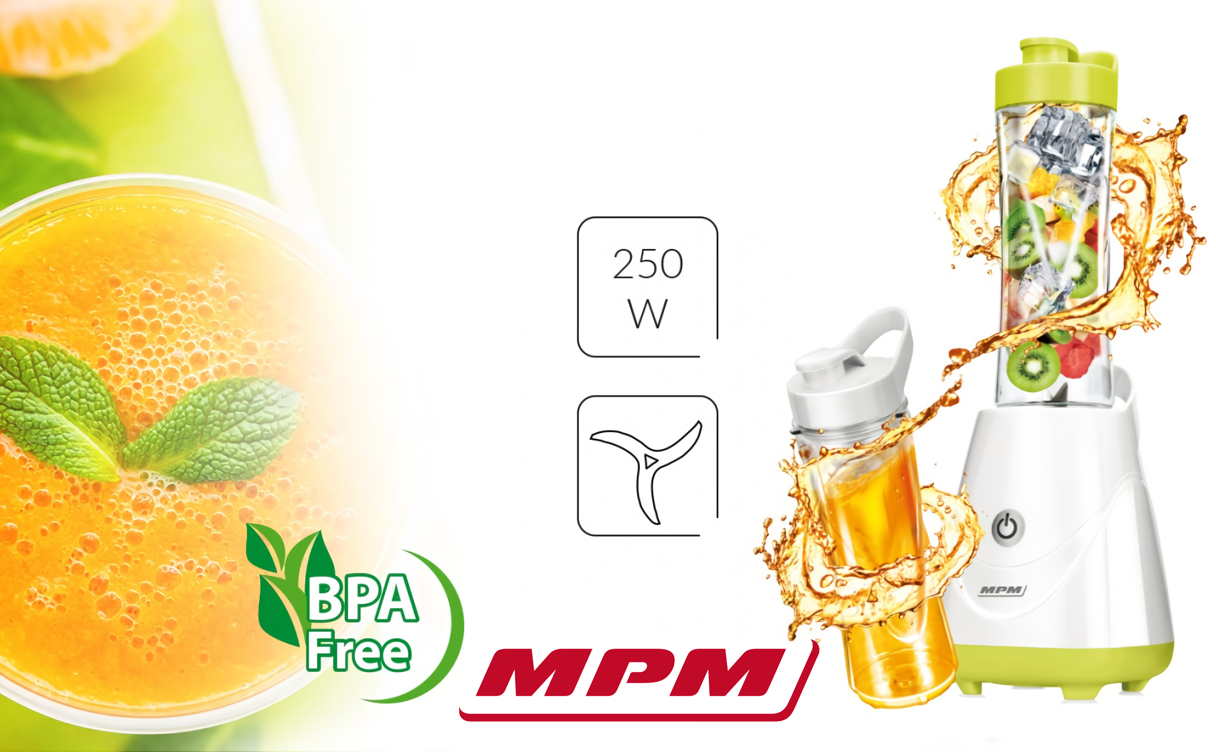 Licuadora con etiqueta verde BPA Free, mostrando un batido y una botella con zumo fresco. Logotipo de la marca MPM visible.
