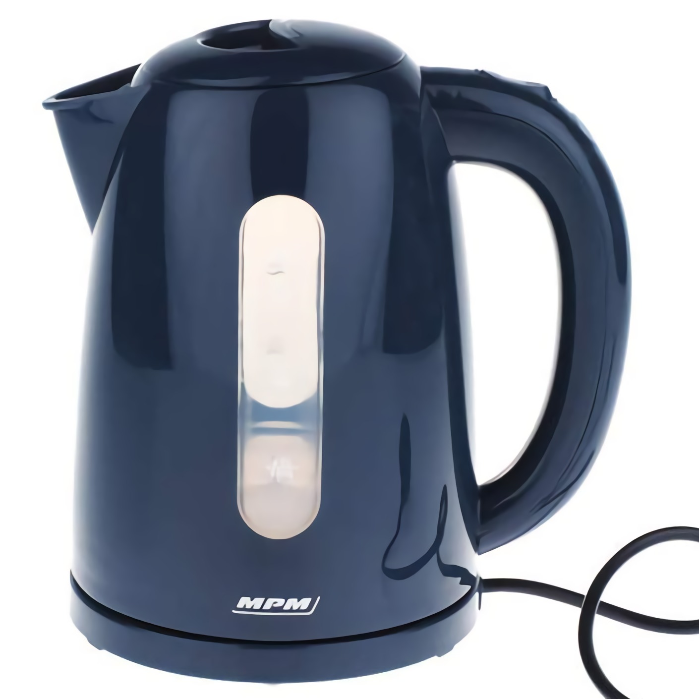 Ciemnoniebieski czajnik elektryczny z okienkiem poziomu wody i czarnym przewodem zasilającym.