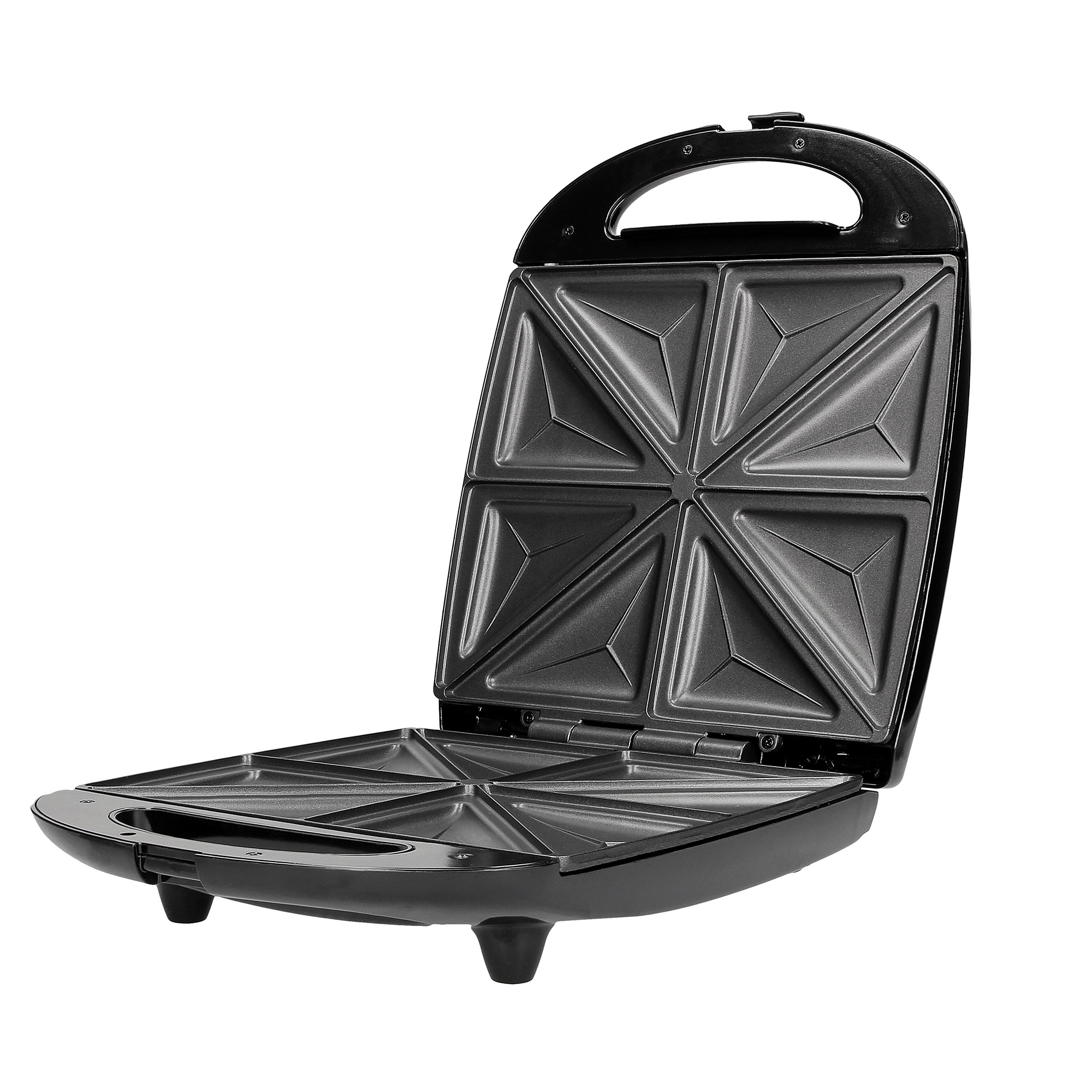 An open black sandwich maker with six triangular compartments.