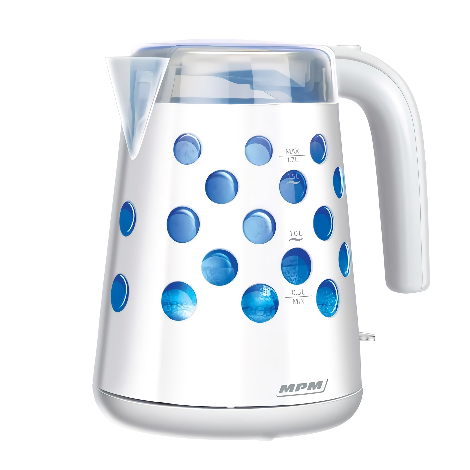 Biały czajnik elektryczny z niebieskimi wskaźnikami poziomu wody i białym uchwytem. Czajnik ma niebieskie kropki.