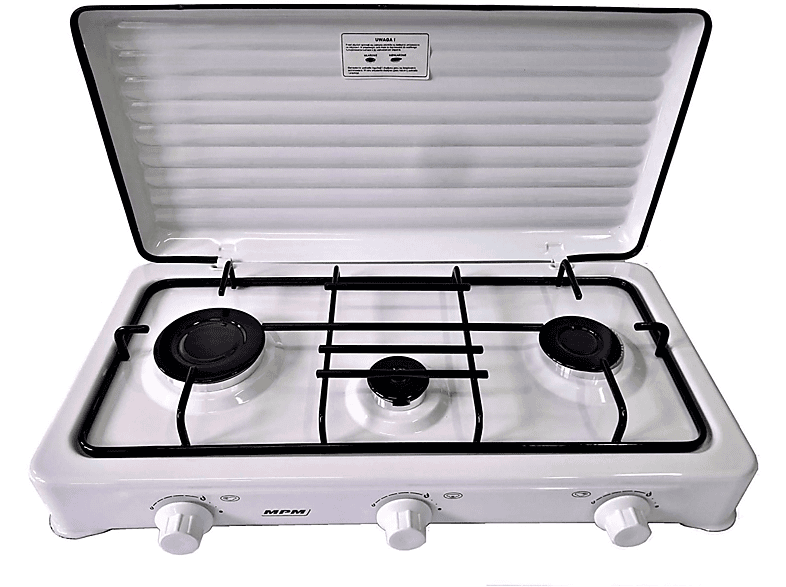 Hornillo - KN-03/1K, Cocina Gas Portátil Camping, 3 Quemadores, Rejilla  Esmaltada, Tapa Protectora, Normativa G MPM, Blanco