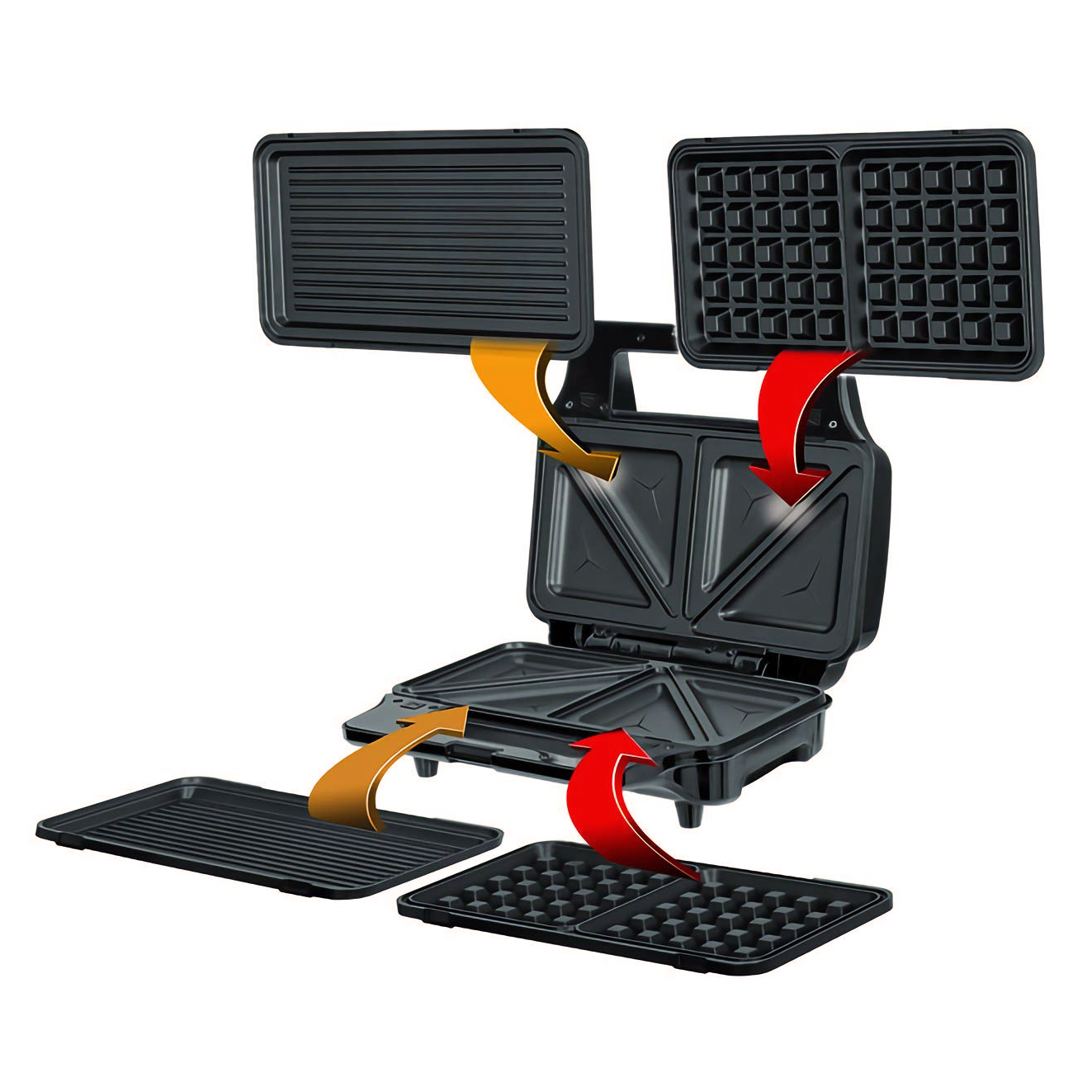 Sandwichera - MOP-23M, Sandwichera 3 en 1 Gofrera Belga, Grill-Plancha, Bandejas Intercambiables Placas Antiadhere MPM, Negro/Plata
