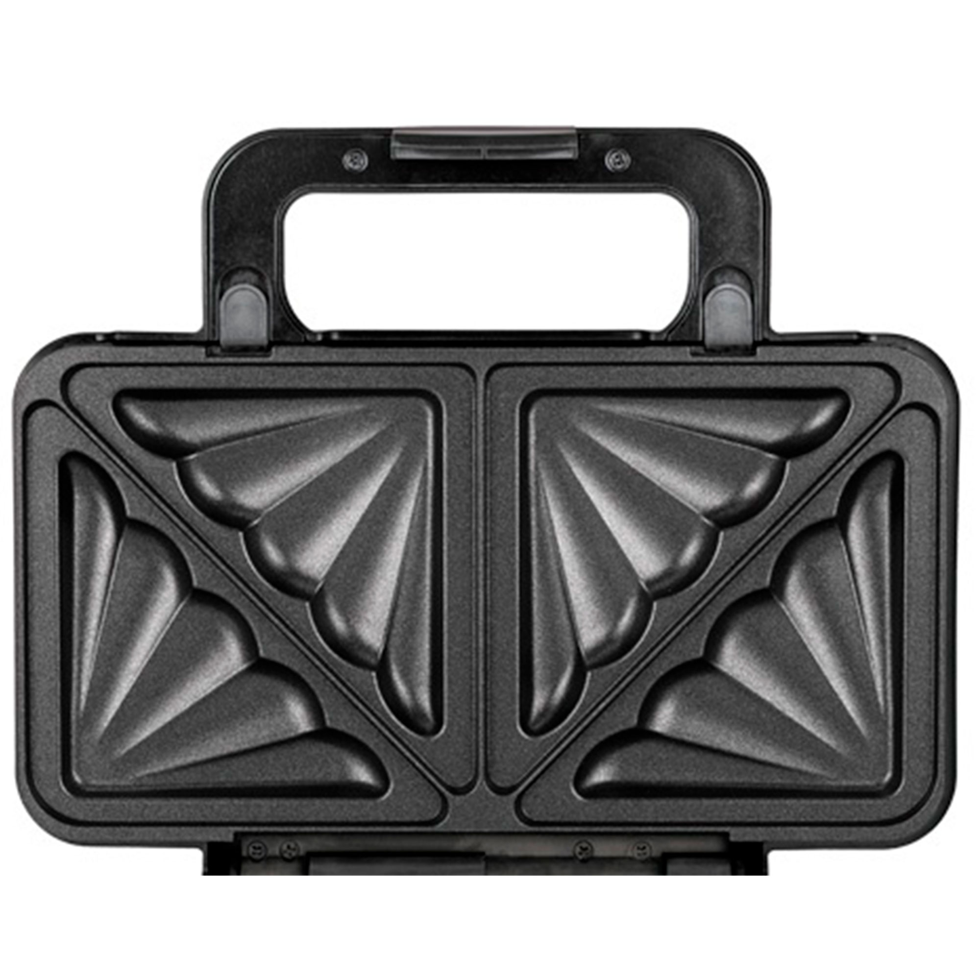 Czarny opiekacz do kanapek z uchwytem i uformowanym wnętrzem do tworzenia kanapek.