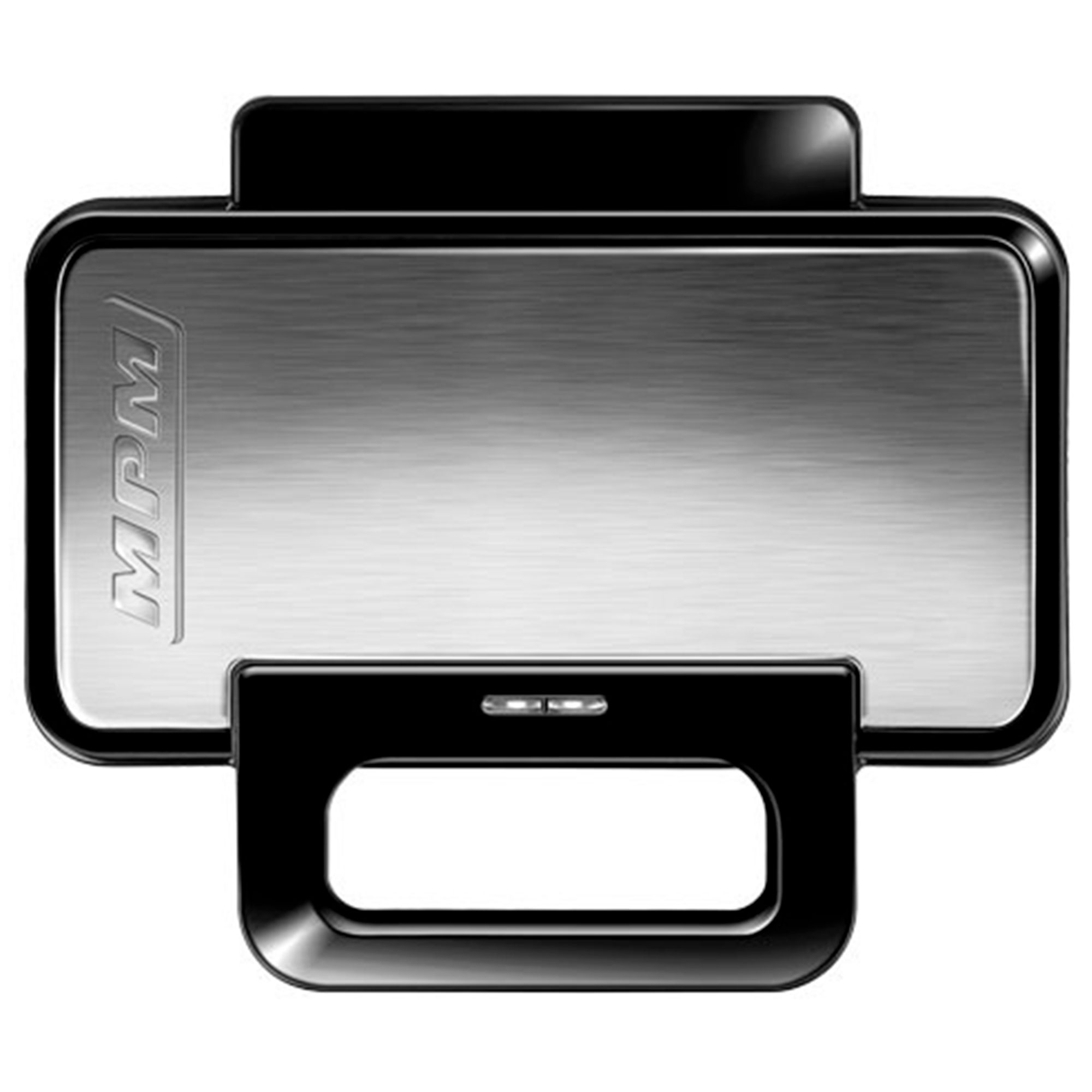 Gofrownica MPM. Srebrna góra i czarna podstawa. Czarny uchwyt. Białe tło. Prostokątny design.