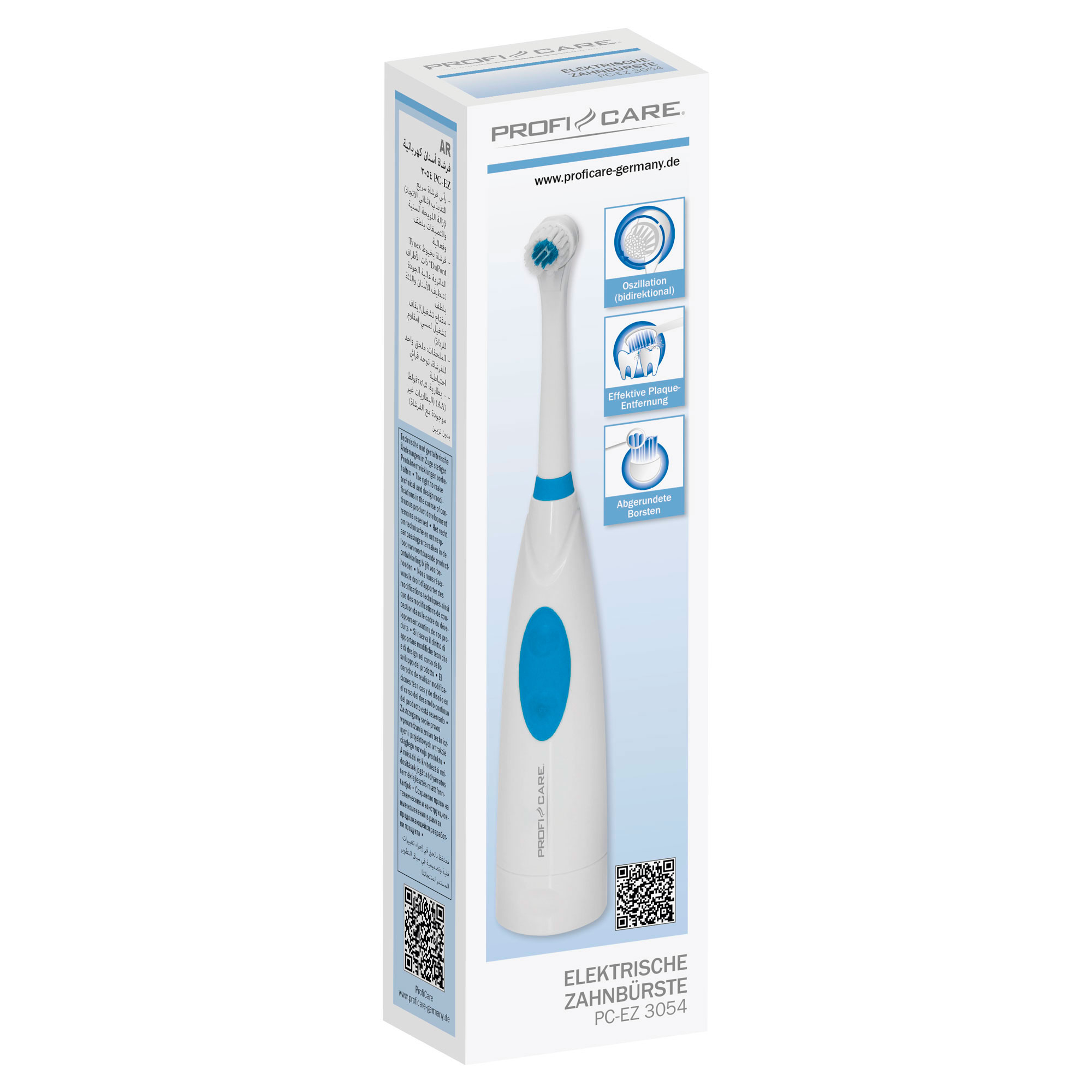 Elektryczna szczoteczka do zębów w pudełku. Pudełko ma zdjęcie szczoteczki i tekst po niemiecku.