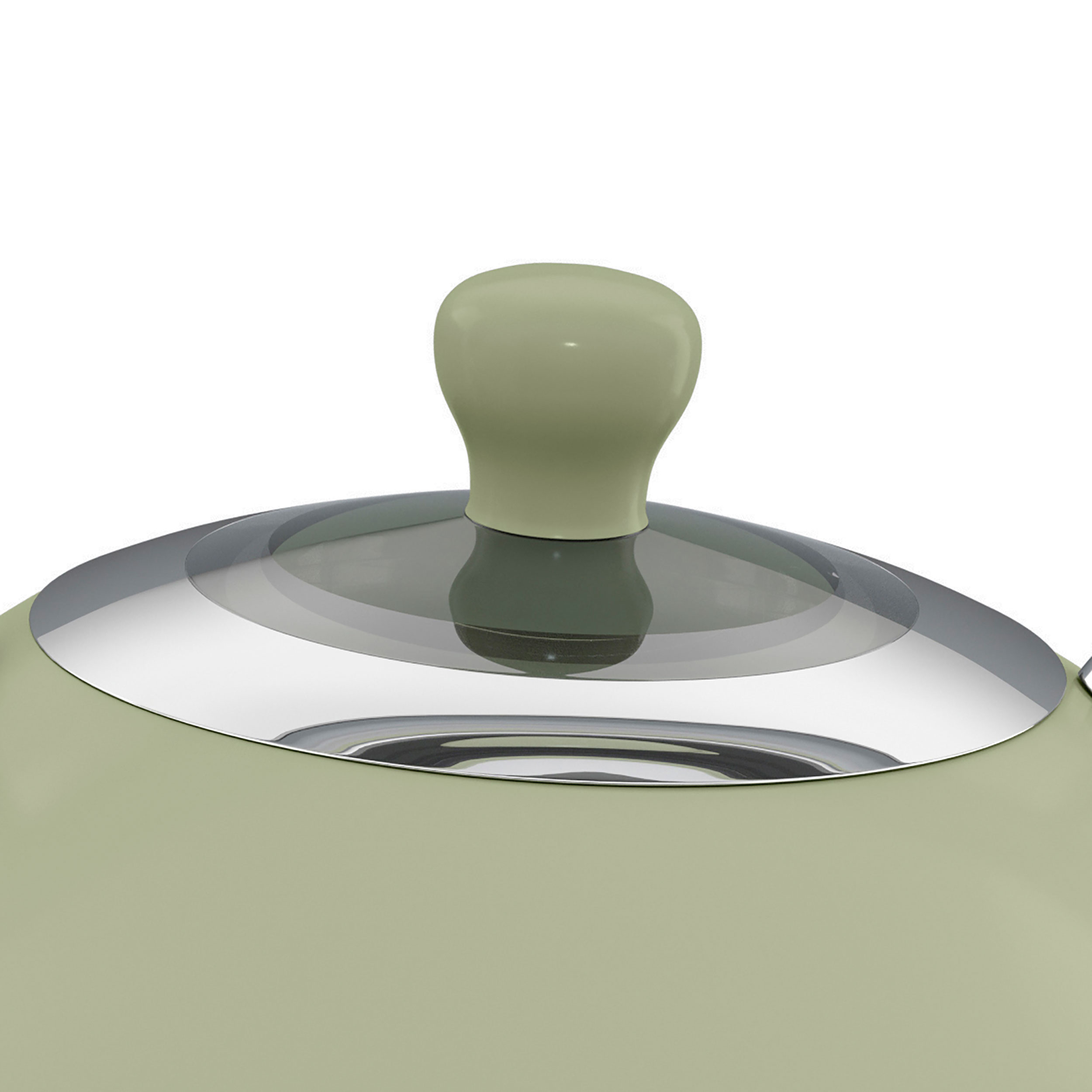 Primer plano de una tapa de tetera verde con borde cromado y perilla verde.