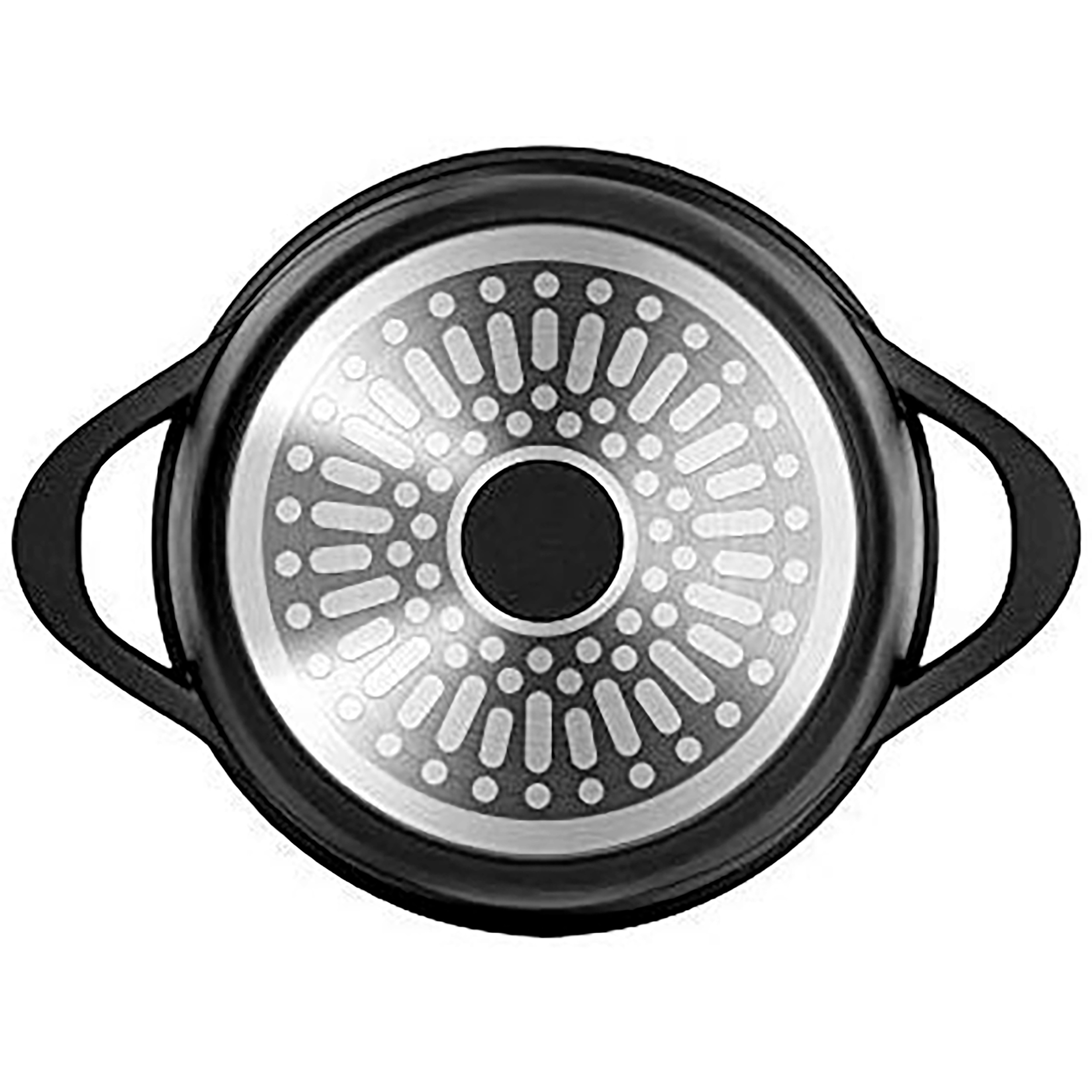 Una olla negra con dos asas. La base tiene un interior plateado con dibujos y un centro negro.