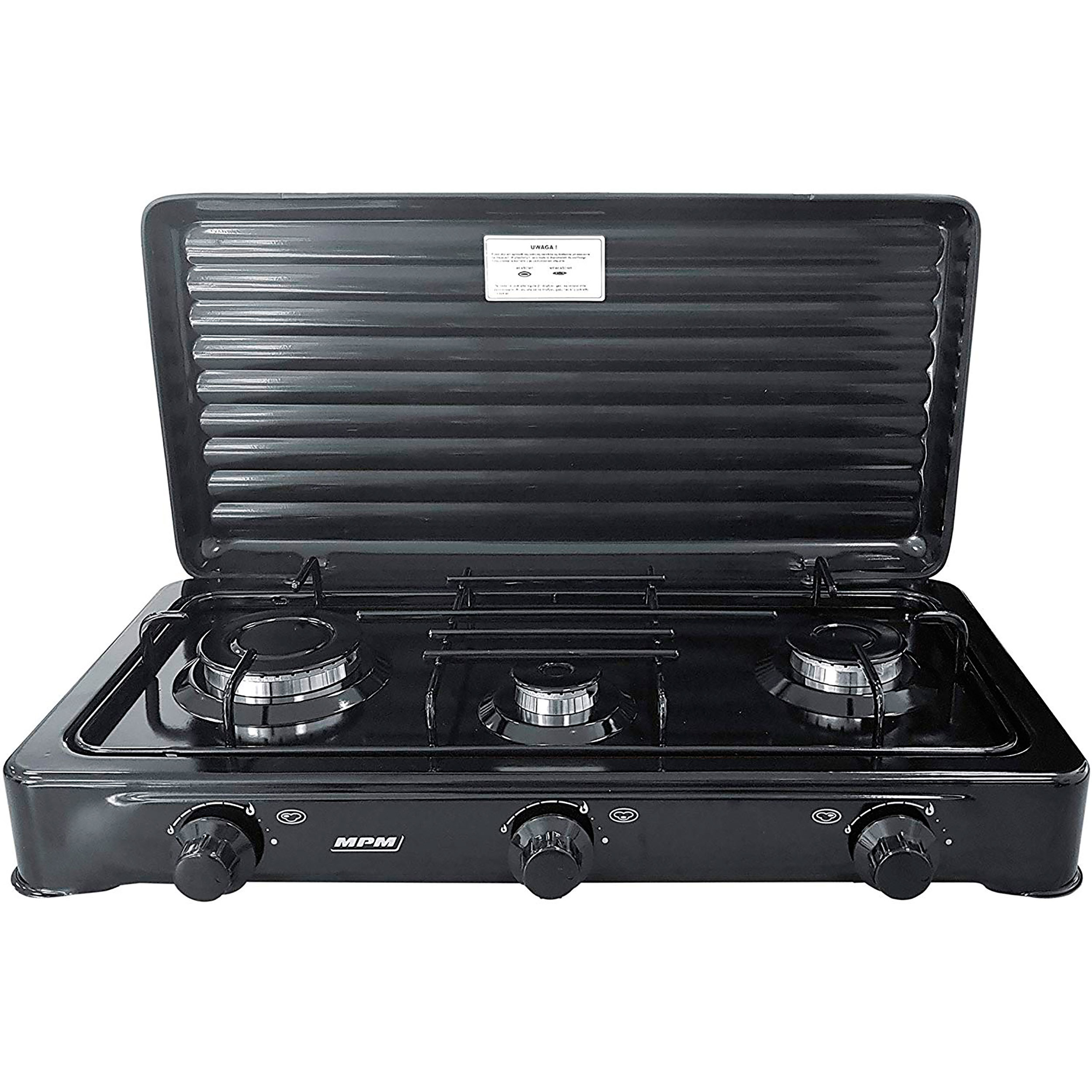 Hornillo - KN-03/1KB, Cocina Gas Portátil Camping, 3 Quemadores, Rejilla Esmaltada, Tapa Protectora, Normativa MPM, Negro