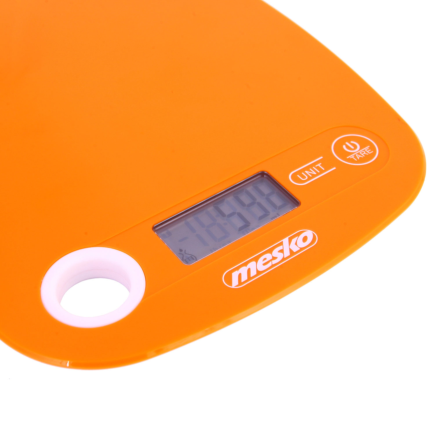 Báscula de cocina digital naranja con pantalla mostrando una lectura numérica.