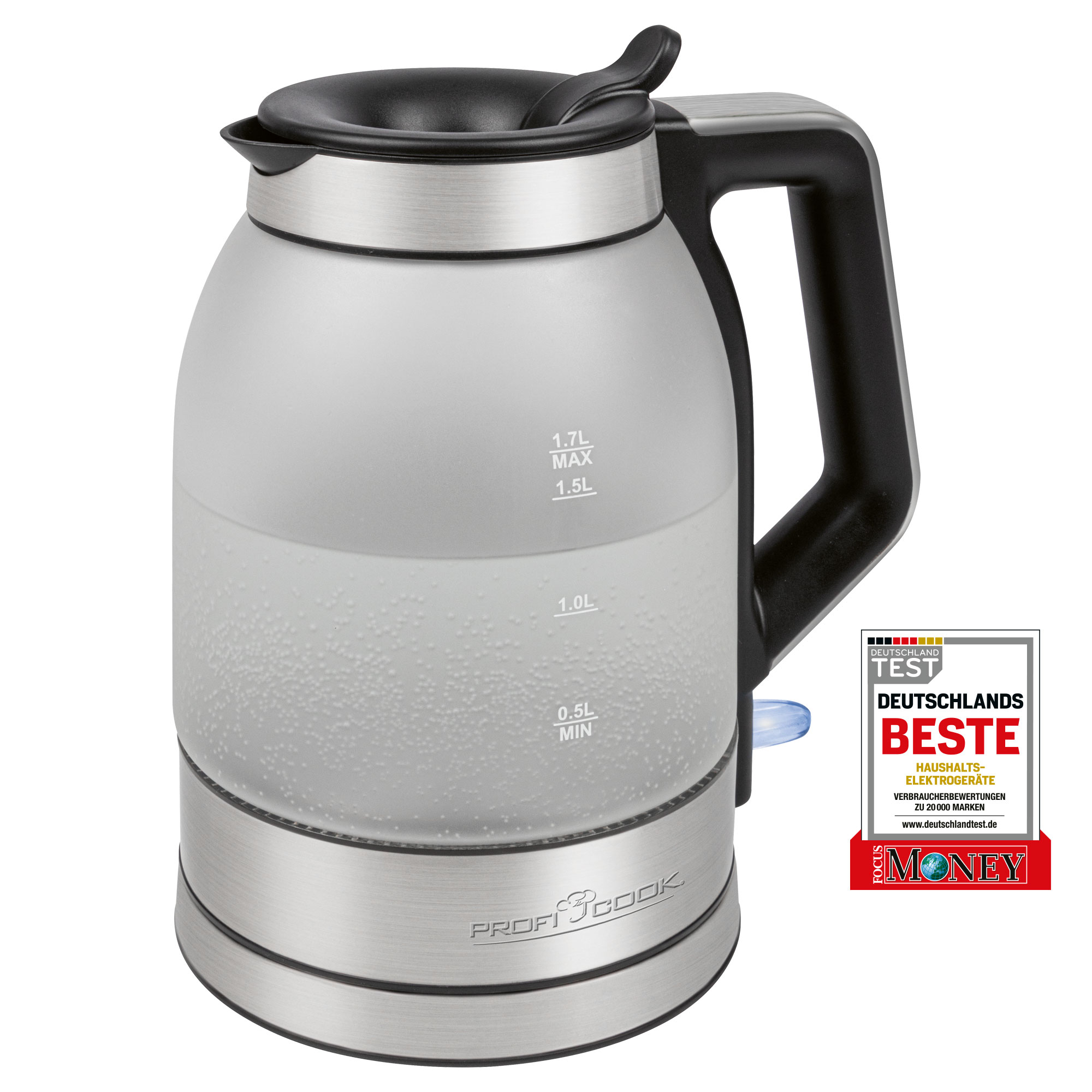 Szklany czajnik z czarnym uchwytem i pokrywką, woda widoczna w środku. Srebrna podstawa z guzikiem.