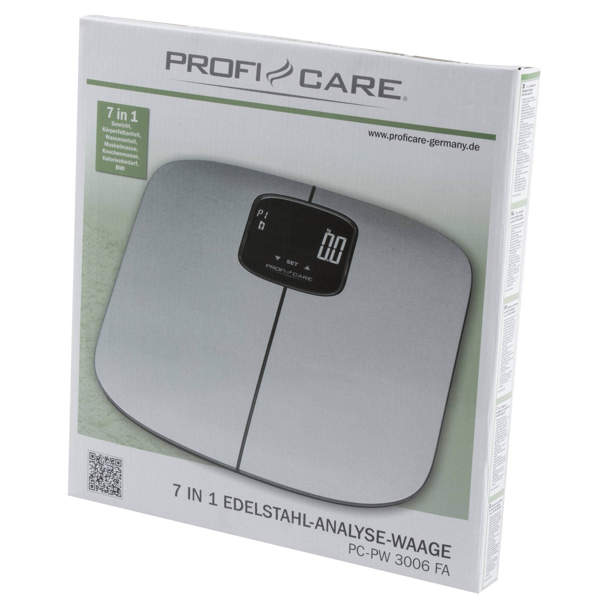 Srebrno-czarna waga cyfrowa z pudełkiem. Na pudełku znajduje się tekst w języku niemieckim.