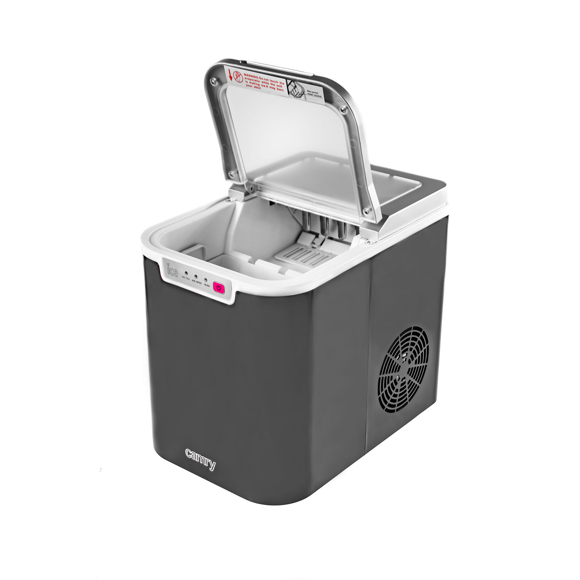 Ciemnoszara kostkarka do lodu na białym tle, z otwartą pokrywą.