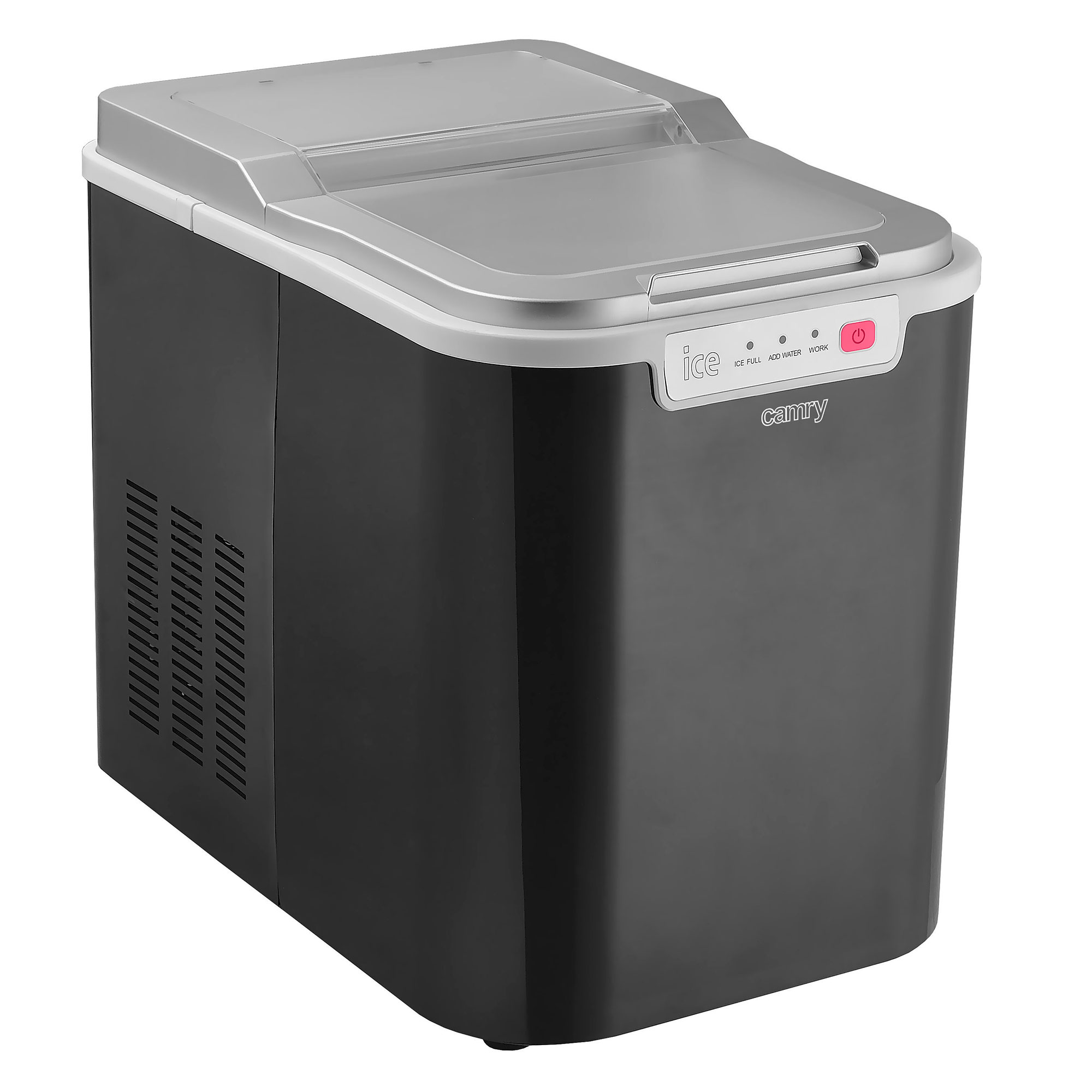 Czarna i szara maszyna do lodu ze srebrną górą i czerwonym przyciskiem.