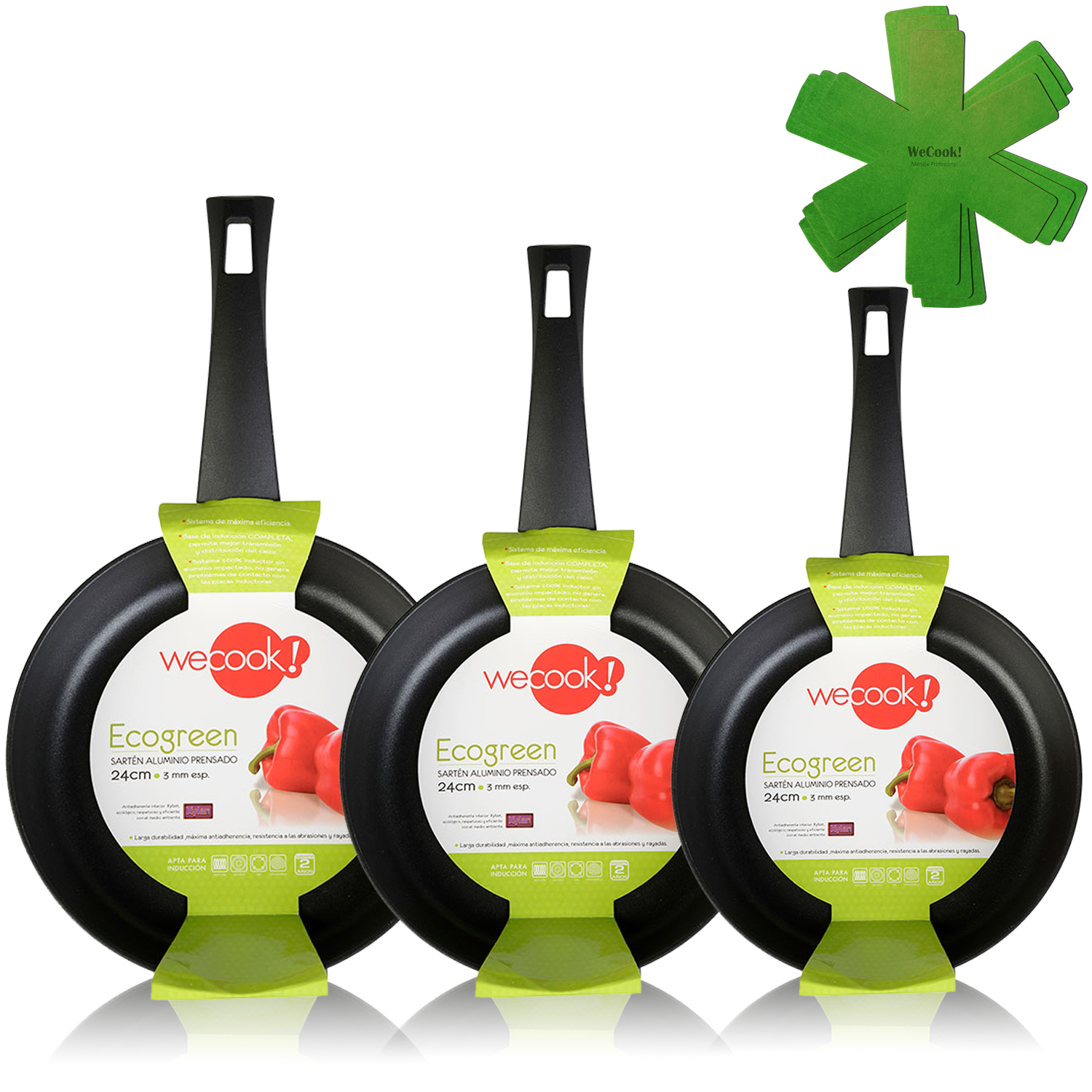 Set Juego 3 sartenes 182226 cm aluminioinducciónantiadherente sin pfoa wecook ecogreen negro antiadherente 18