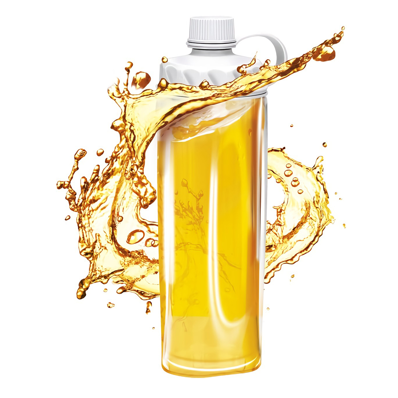 Botella transparente con líquido amarillo y salpicaduras, tapa blanca y salpicadura de aceite.