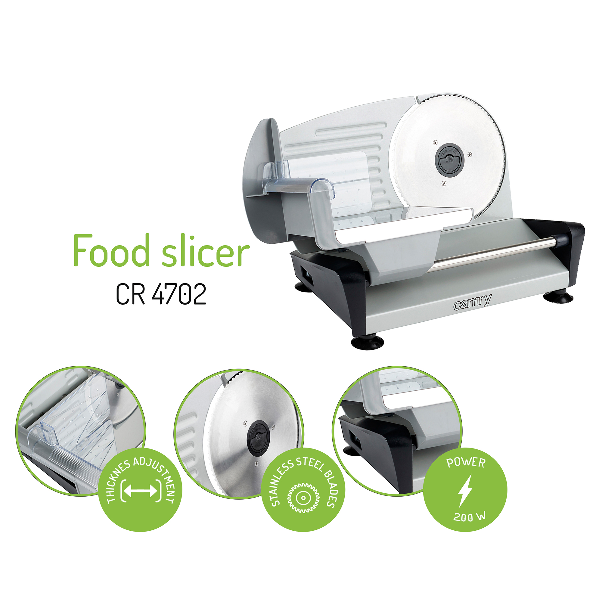 Krajalnica do żywności ze zbliżeniami ostrza i regulacji grubości. Białe tło.