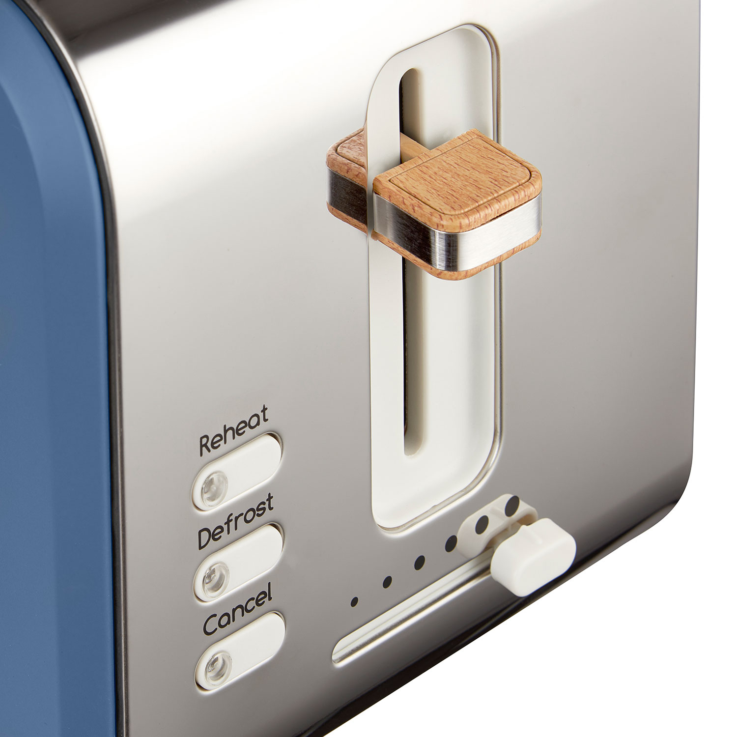 Nahaufnahme eines blau-silbernen Toasters mit Aufwärm-, Auftau- und Abbruchtasten.