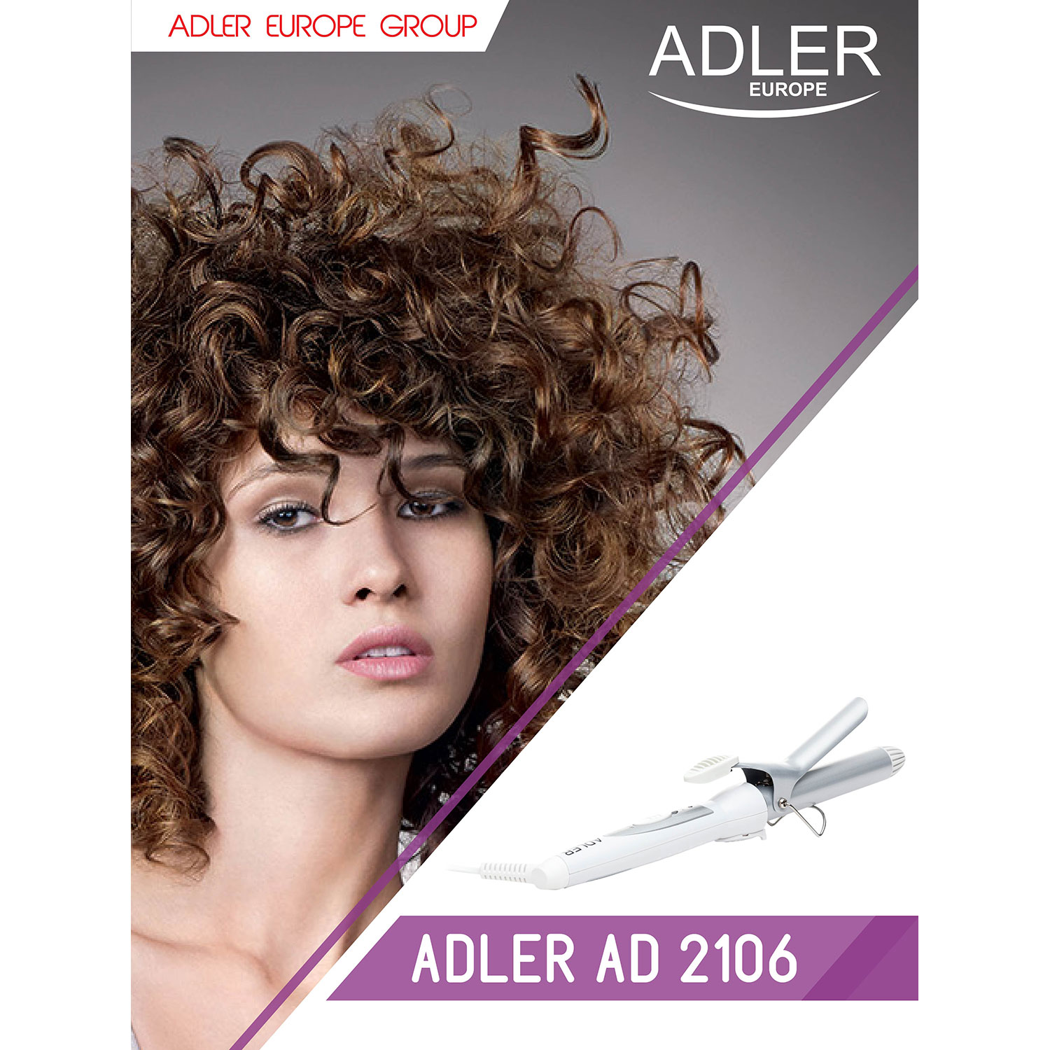 Mujer con cabello castaño rizado, rizador blanco en primer plano. Logo ADLER Europe.