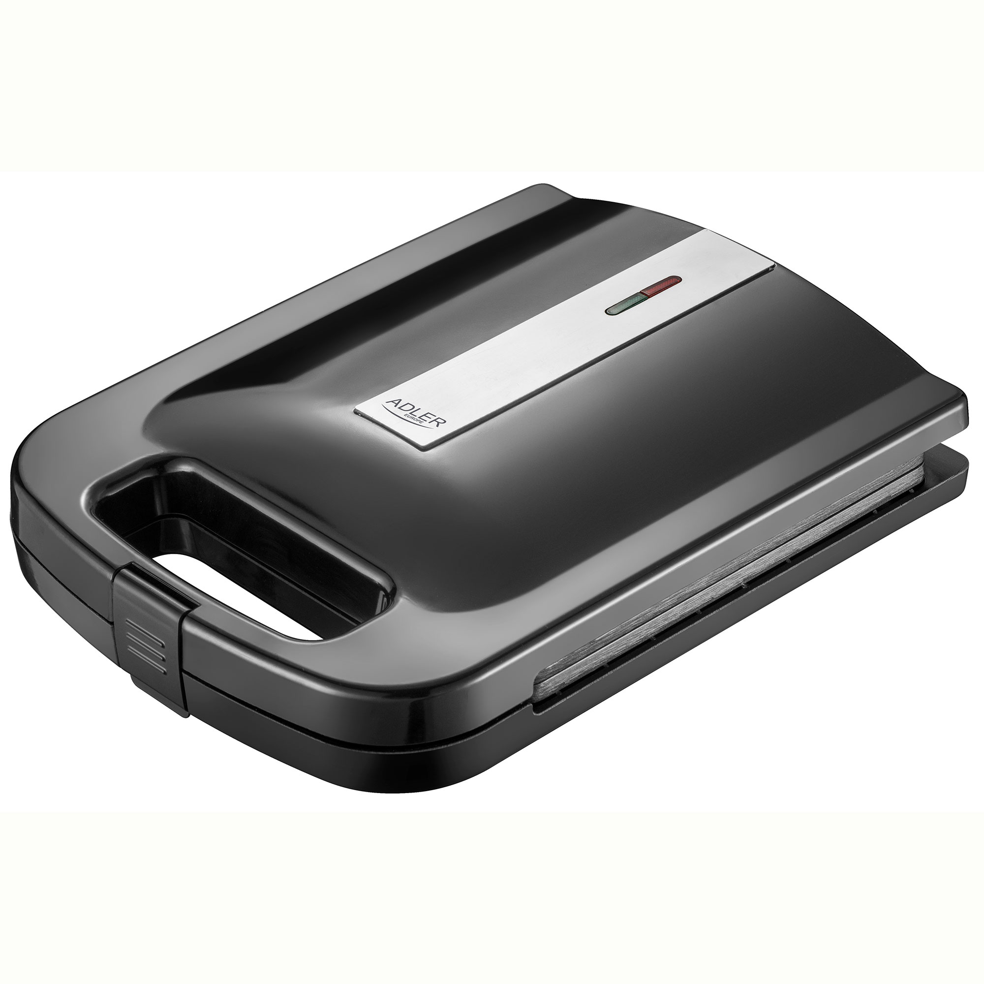 Czarna opiekacz do kanapek, zamknięty i oglądany pod kątem. Jest na białym tle.