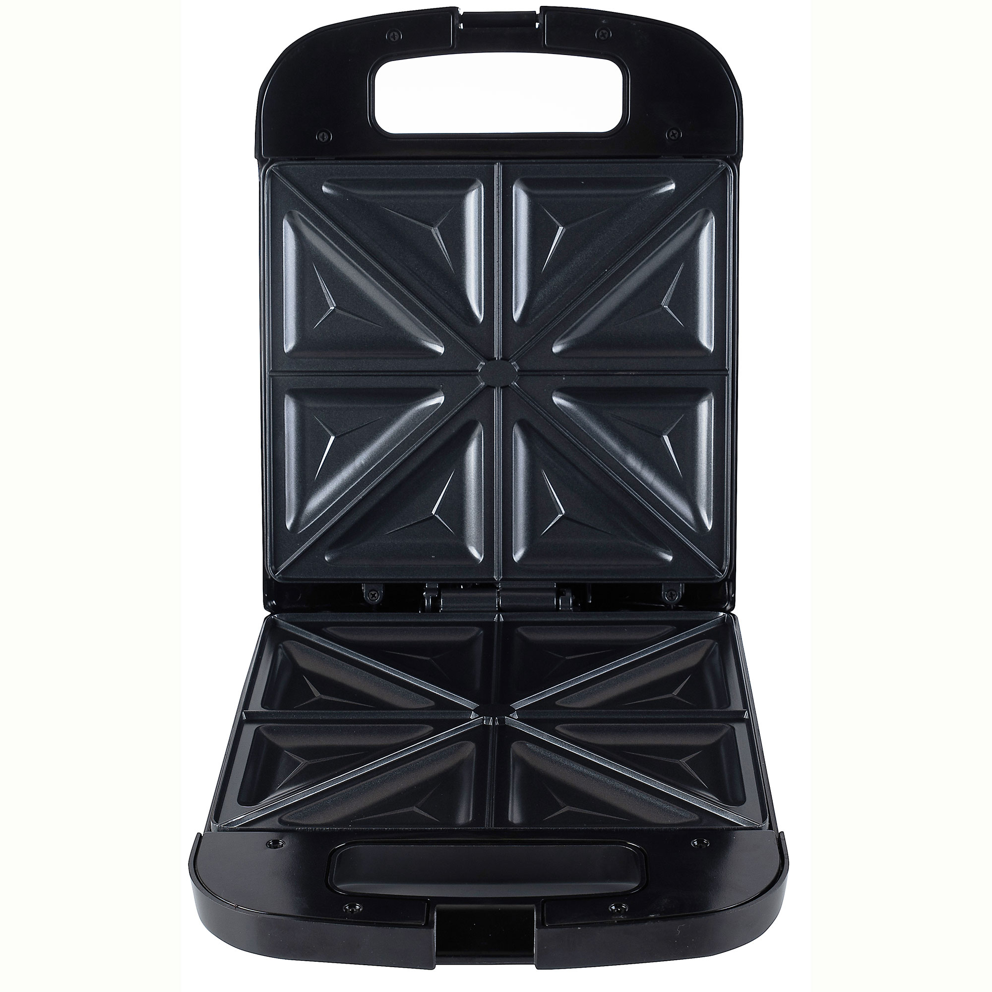 Otwarta czarna opiekacz do kanapek o kwadratowym kształcie i wzorze krzyżowym.