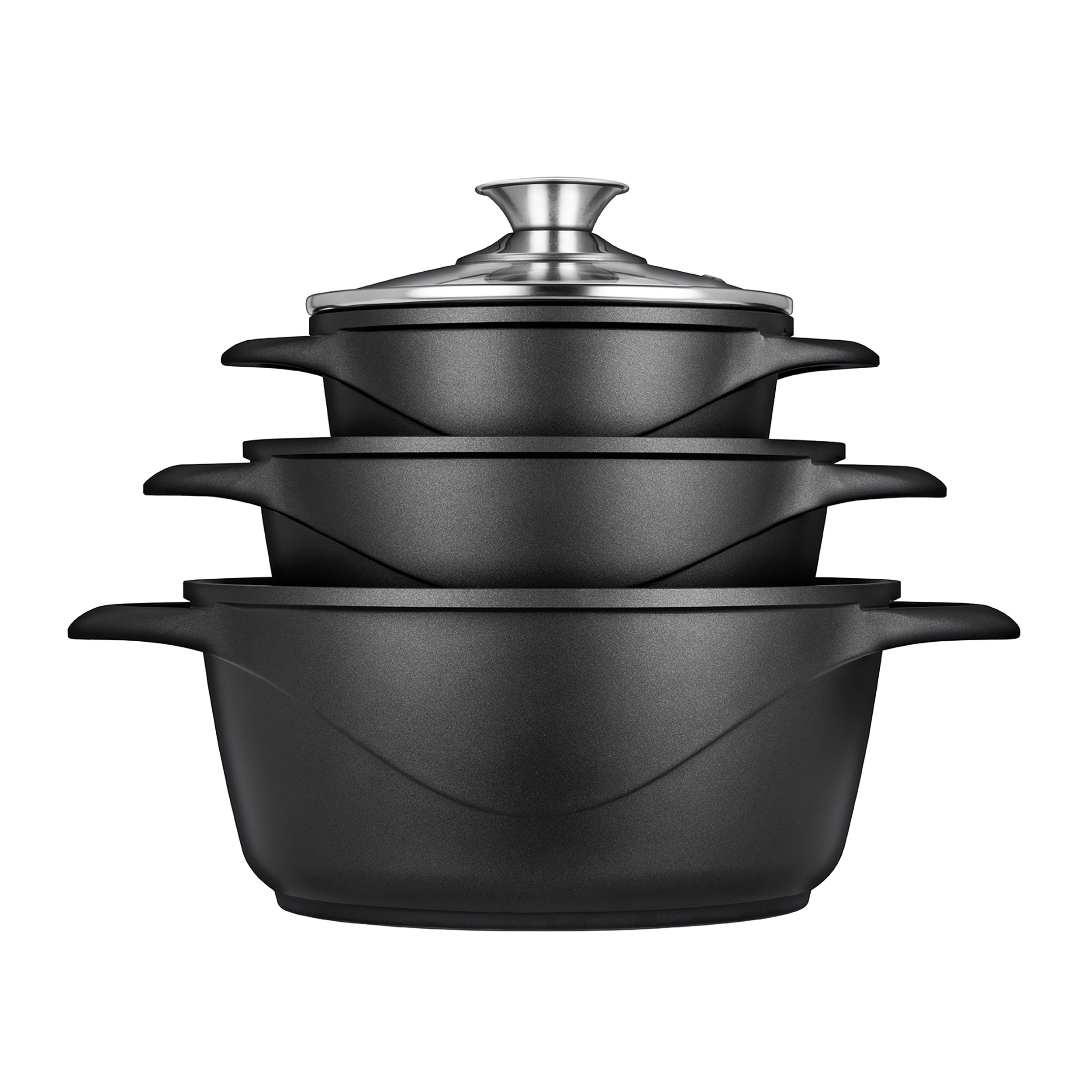 Batería de cocina - Smile MGK-18, Batería de Cocina Inducción 6 Piezas Aluminio Fundido, 3 Ollas, Tapas de Vidrio Templado, Li